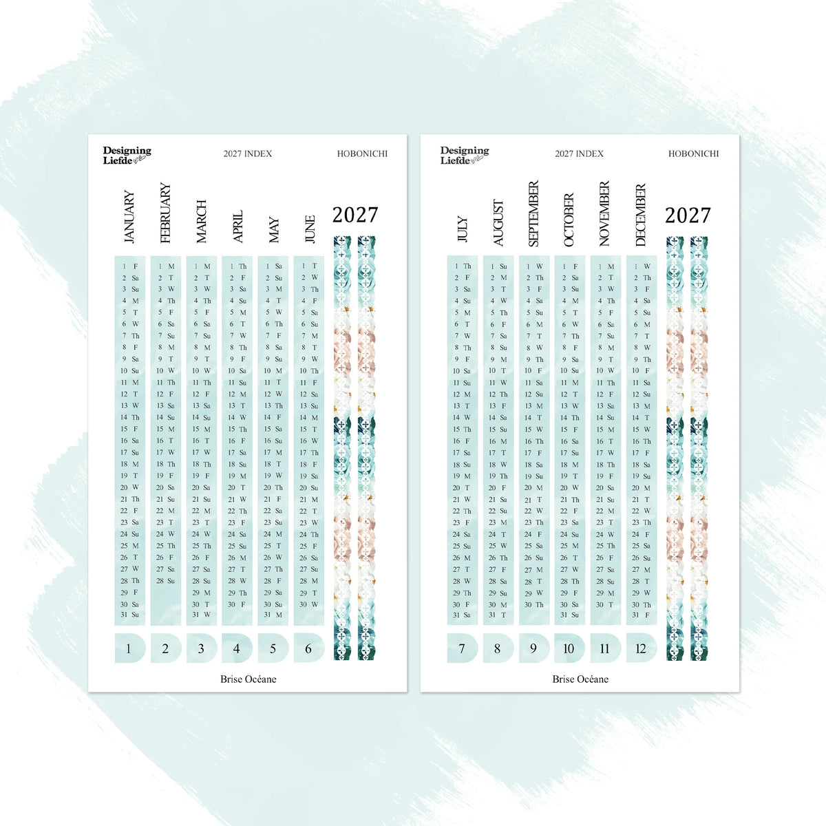 Two-sheet Brise Océane 2027 Yearly Index sticker kit for Hobonichi Cousin in aqua, teal and blush florals