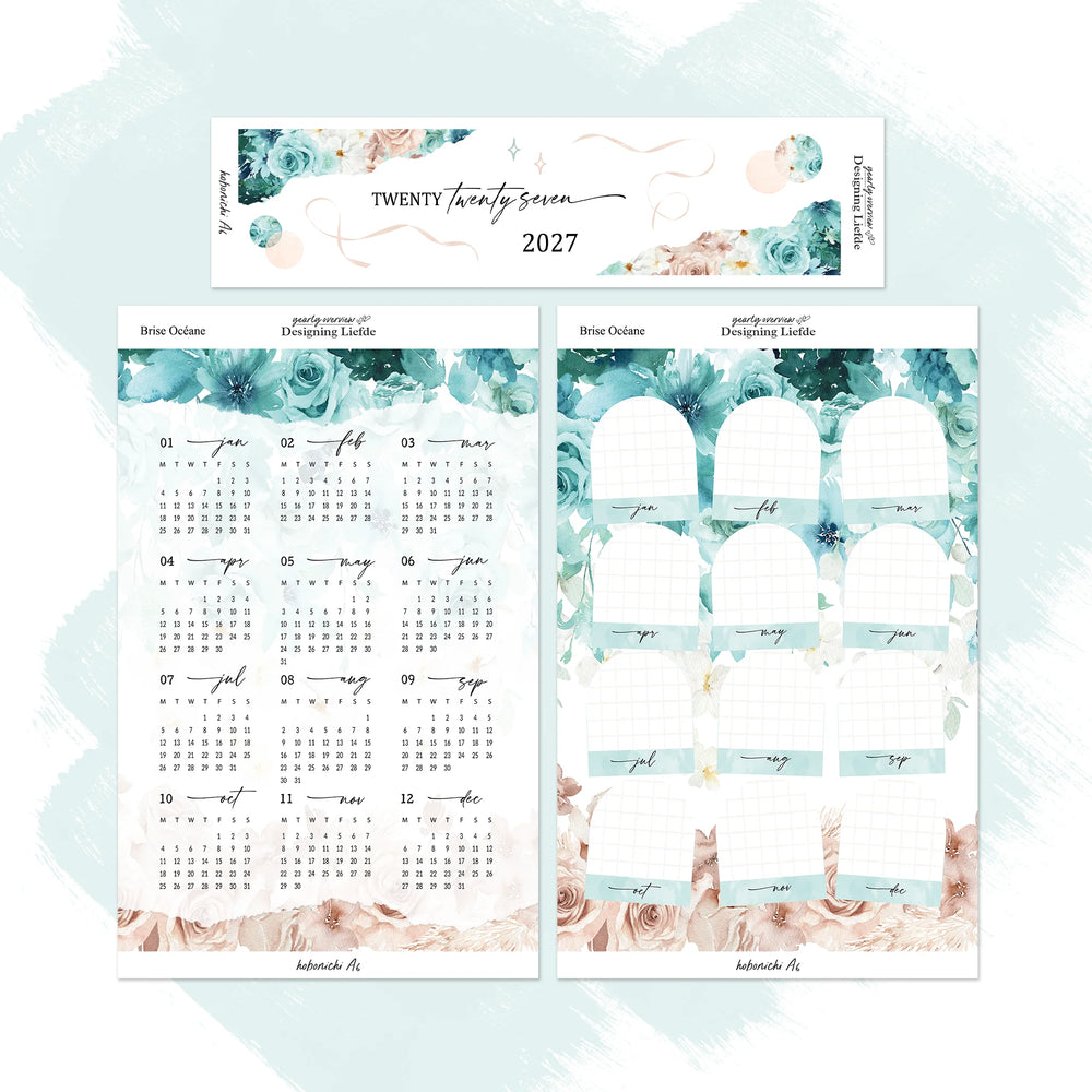 Brise Océane 2027 Hobonichi Techo A6 complete three-sheet sticker kit shown separated