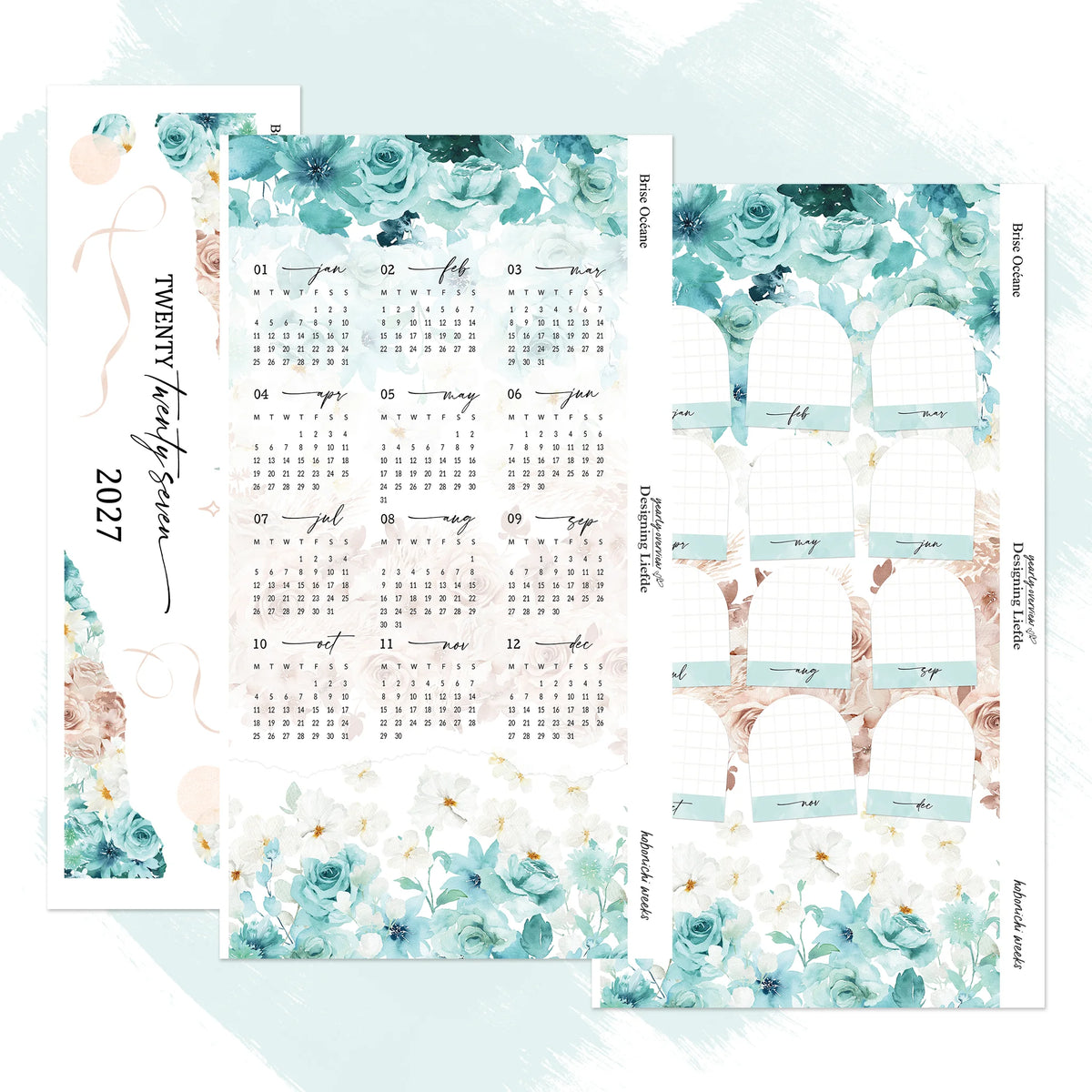 Brise Océane 2027 Hobonichi Weeks three-sheet sticker kit in an overlapping view