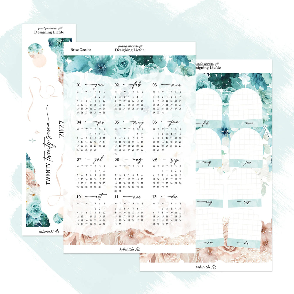 Brise Océane 2027 Hobonichi Techo A6 three-sheet sticker kit in an overlapping view