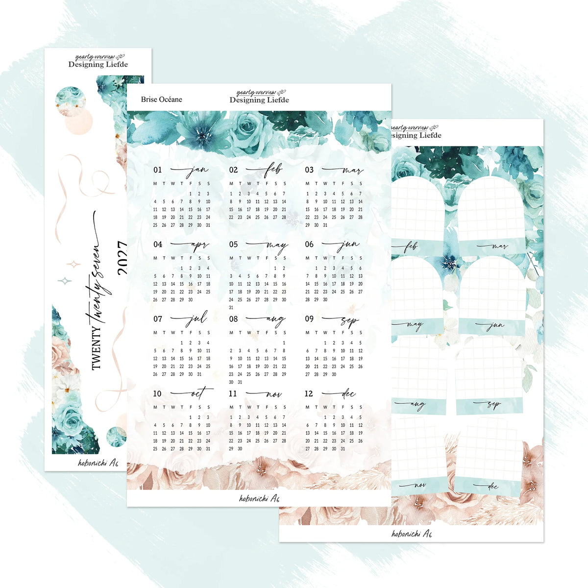 Brise Océane 2027 Hobonichi Techo A6 three-sheet sticker kit in an overlapping view