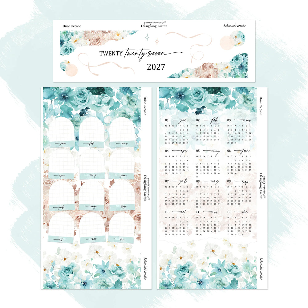Brise Océane 2027 Hobonichi Weeks three-sheet sticker kit shown as the complete separated kit