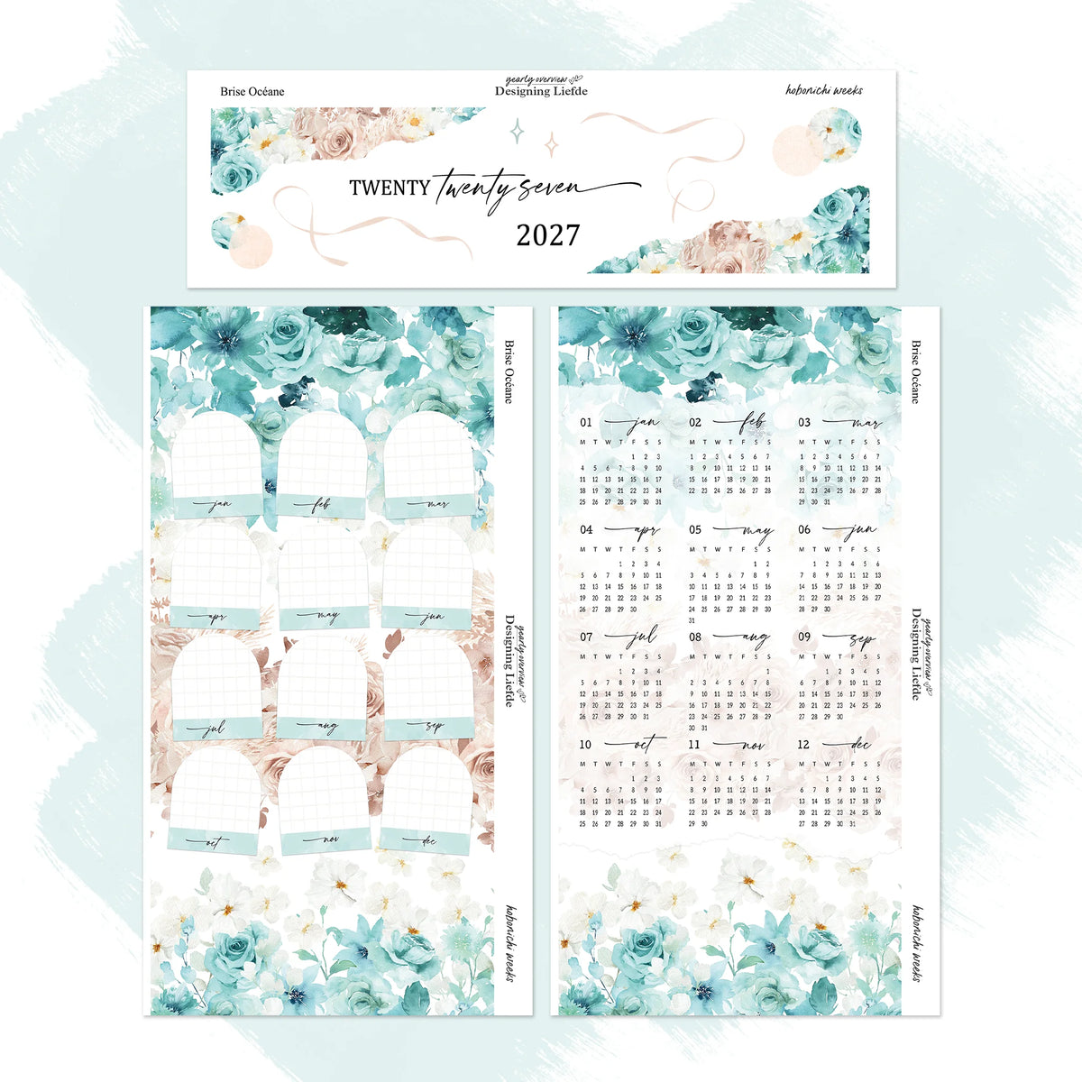 Brise Océane 2027 Hobonichi Weeks three-sheet sticker kit shown as the complete separated kit