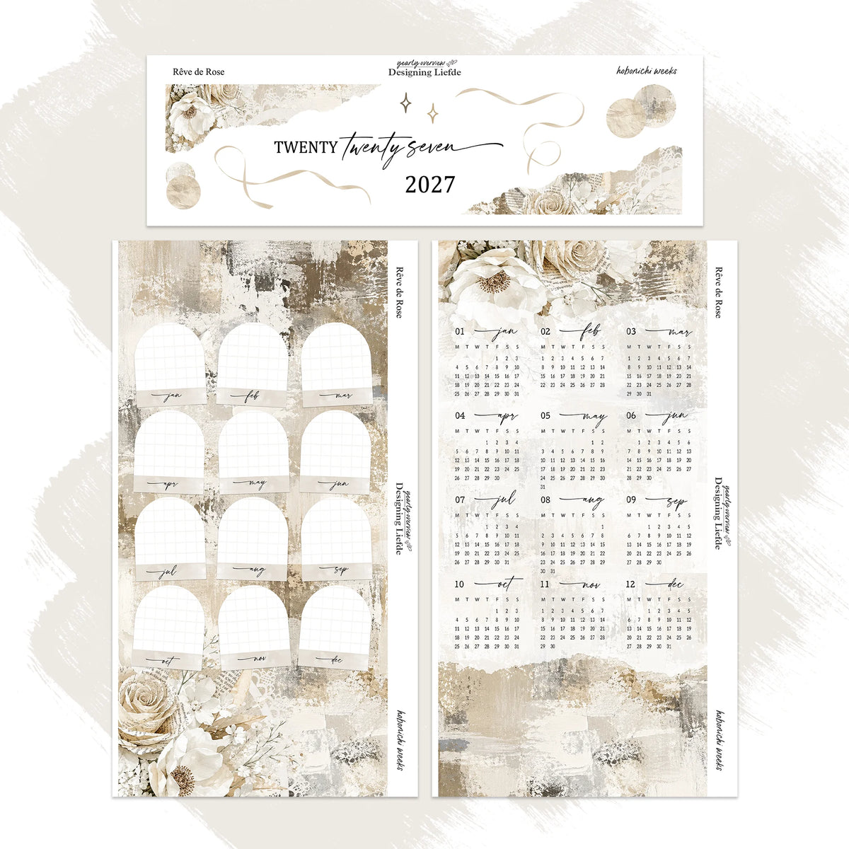 Overlapping view of the Douce Mémoire 2027 Hobonichi Weeks three-sheet sticker kit