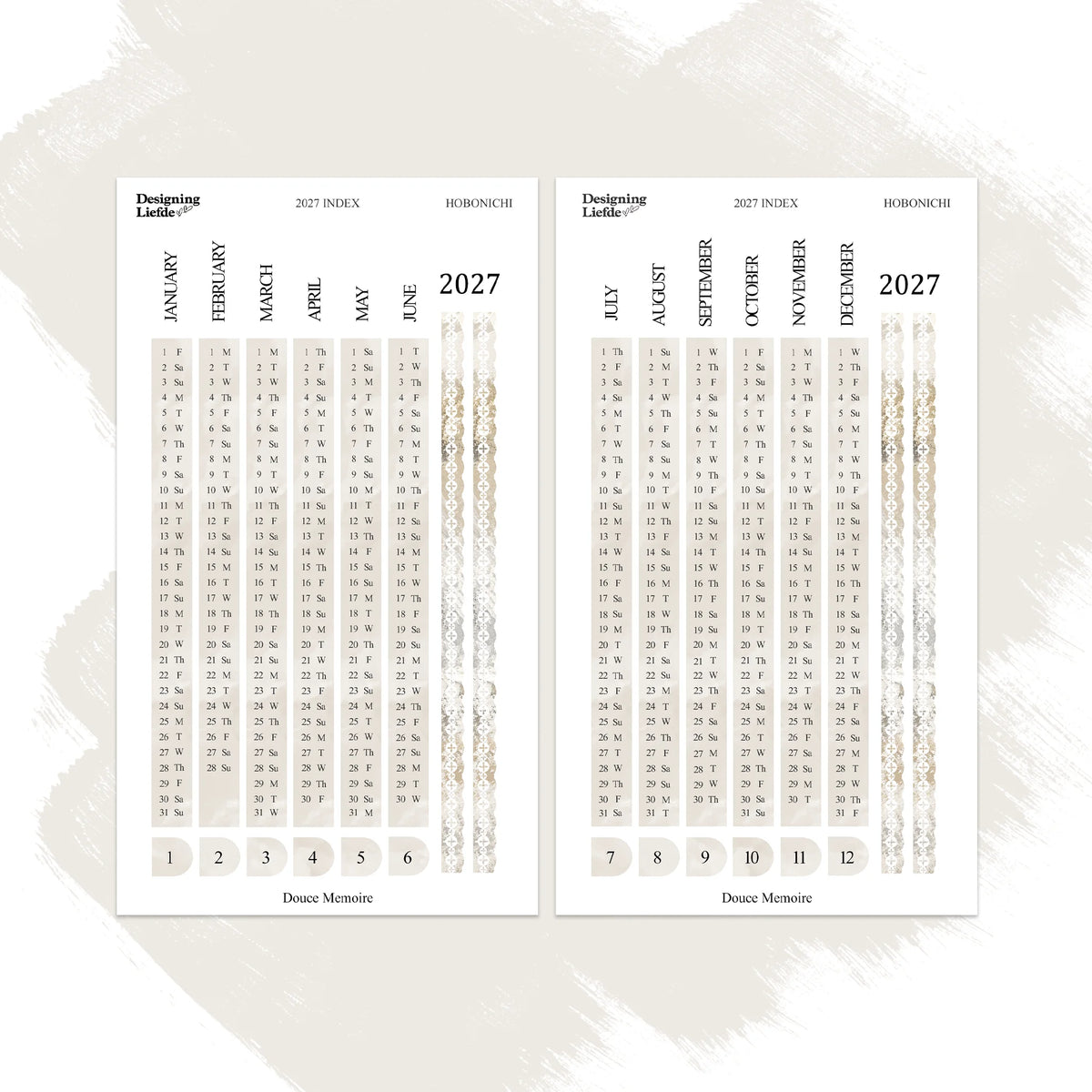 Two-sheet Douce Mémoire 2027 Yearly Index sticker kit for Hobonichi Cousin in ivory and taupe
