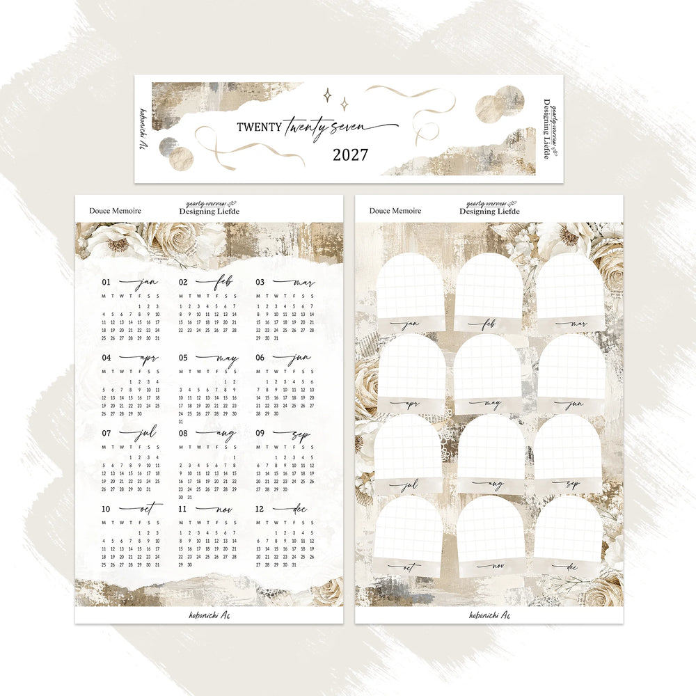 Douce Mémoire 2027 Hobonichi Techo A6 three-sheet kit in an overlapping composition