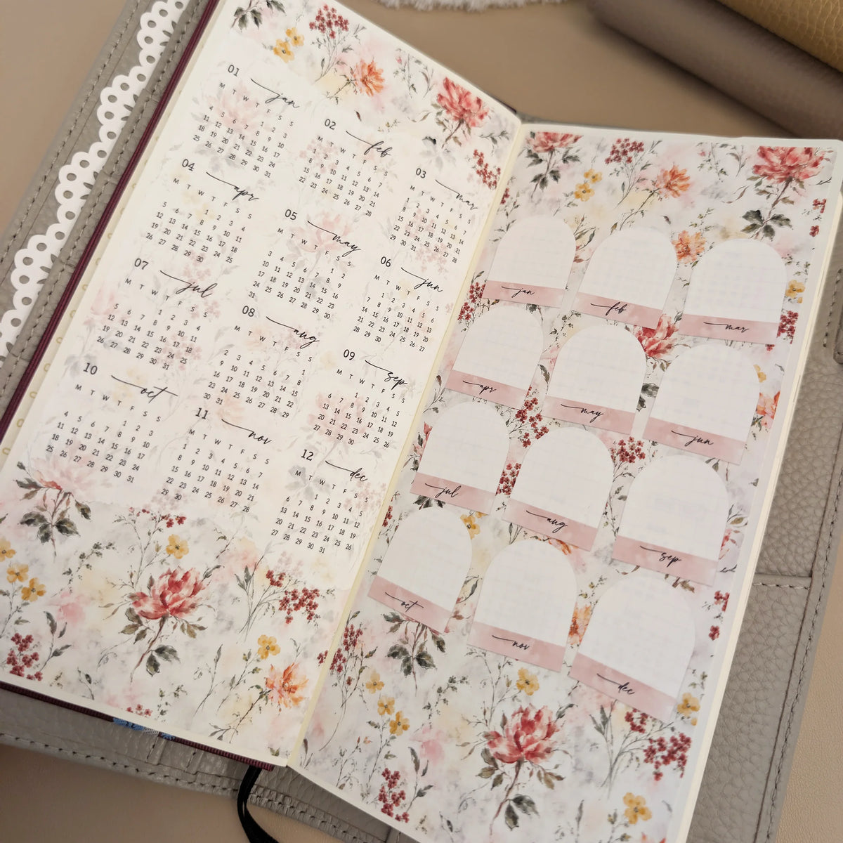 Jardin Poudré 2027 yearly overview calendar and monthly planning stickers installed in a Hobonichi Weeks