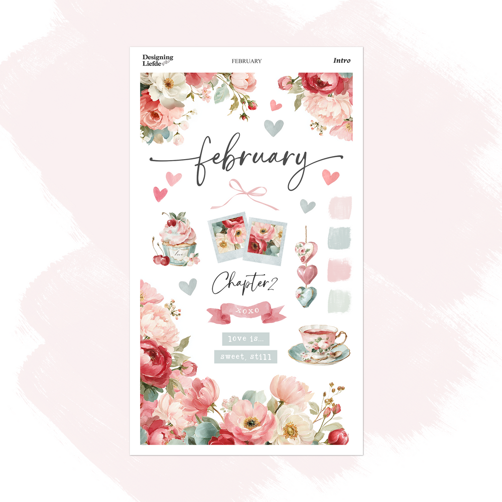 February Monthly Intro Sticker Kit with pink and red florals, hearts, a cupcake with cherries and a floral teacup
