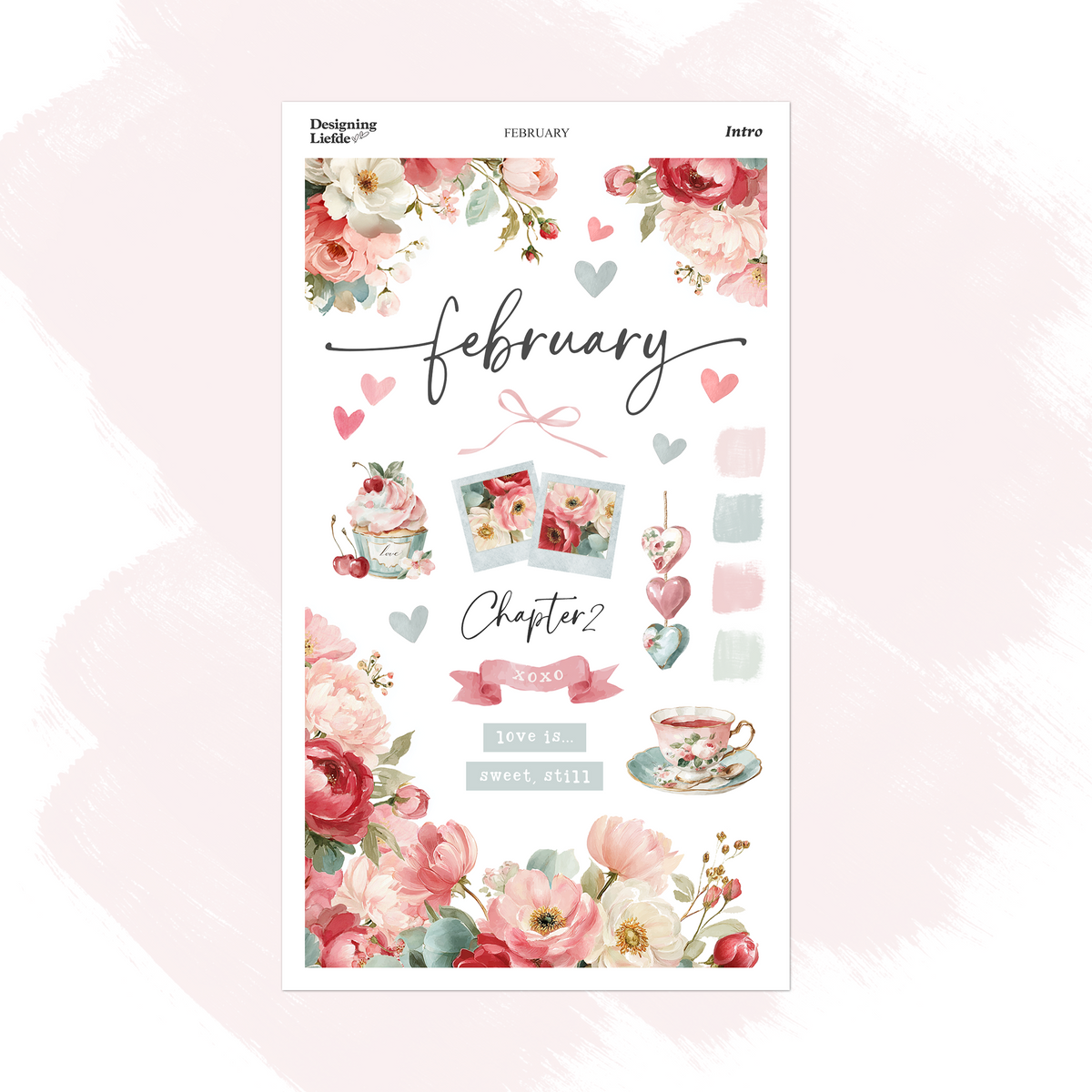 February Monthly Intro Sticker Kit with pink and red florals, hearts, a cupcake with cherries and a floral teacup