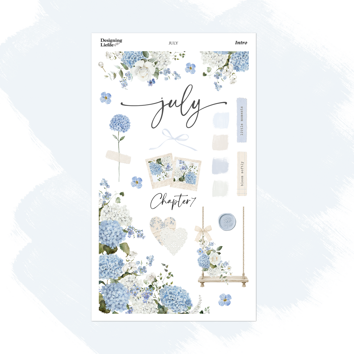 July Monthly Intro Sticker Kit with blue and white hydrangeas, layered hearts, a floral swing and a blue wax seal