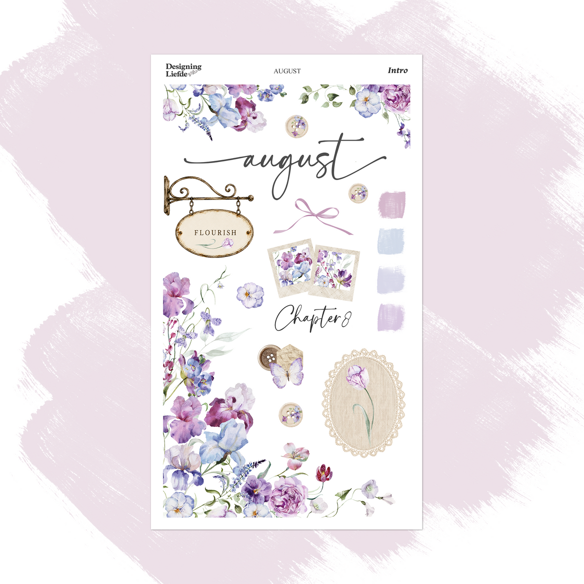 August Monthly Intro Sticker Kit with purple and blue florals, a flourish sign, buttons, a butterfly and a lace floral frame