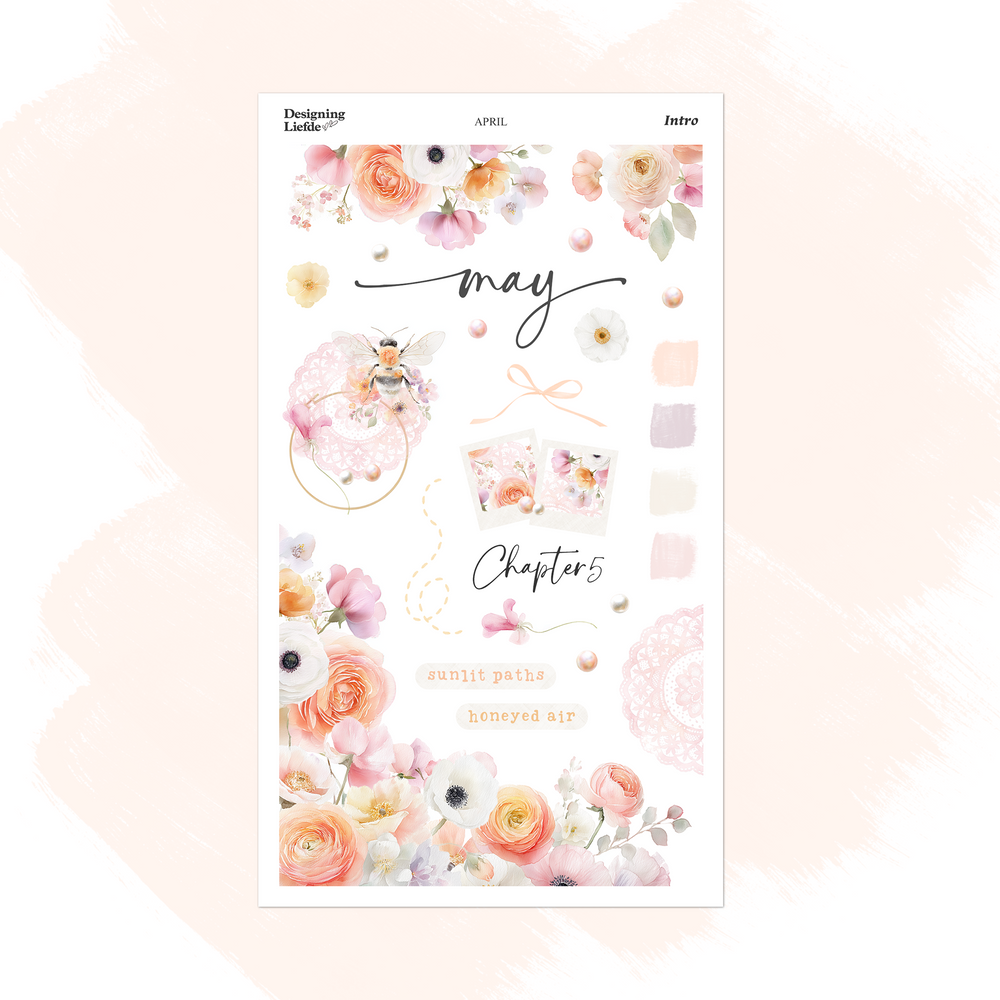 May Monthly Intro Sticker Kit with peach and pink florals, a bee, lace doilies, pearls and delicate ribbons