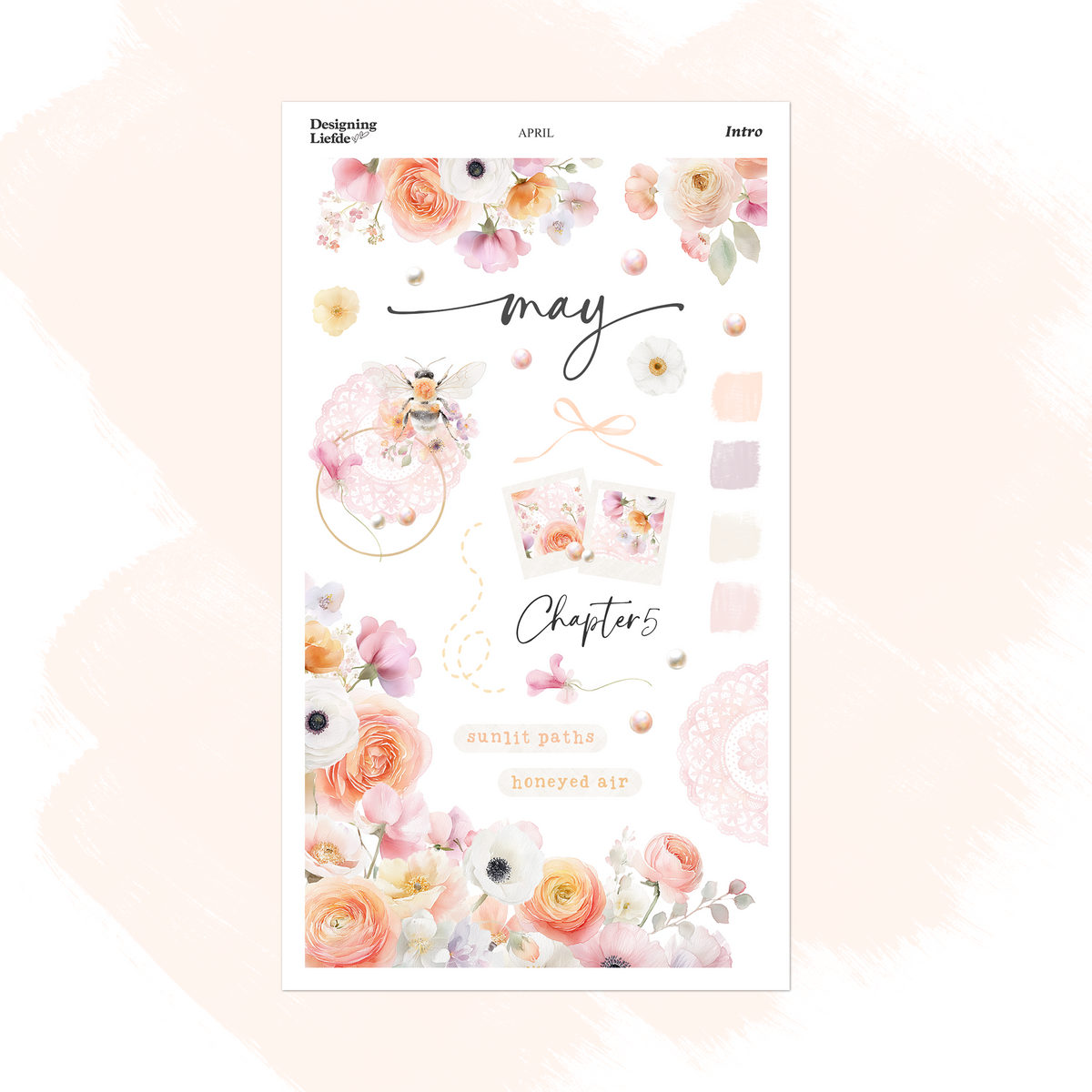 May Monthly Intro Sticker Kit with peach and pink florals, a bee, lace doilies, pearls and delicate ribbons