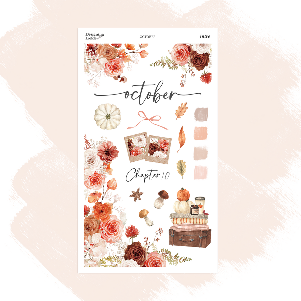 October Monthly Intro Sticker Kit with rust and coral florals, pumpkins, autumn leaves, mushrooms, books and a candle