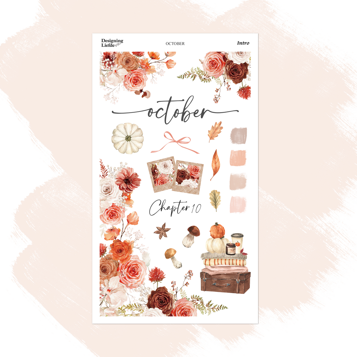 October Monthly Intro Sticker Kit with rust and coral florals, pumpkins, autumn leaves, mushrooms, books and a candle