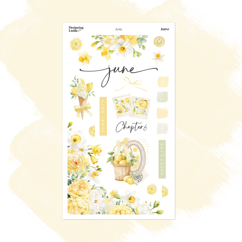 June Monthly Intro Sticker Kit with yellow and white florals, daffodils, lemons, lemon ice cream and a lemon basket