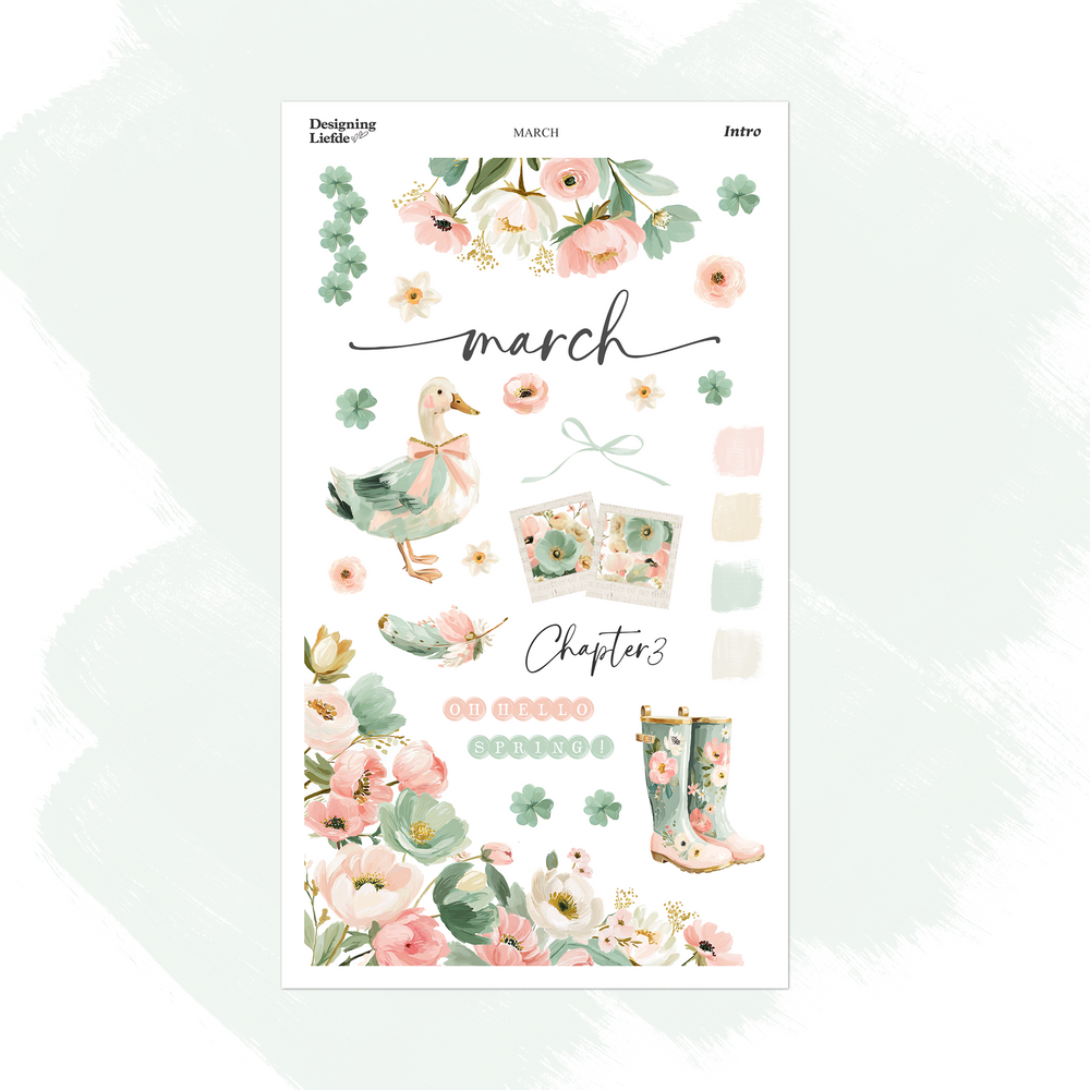 March Monthly Intro Sticker Kit with pastel florals, green clovers, a ribboned goose and floral rain boots