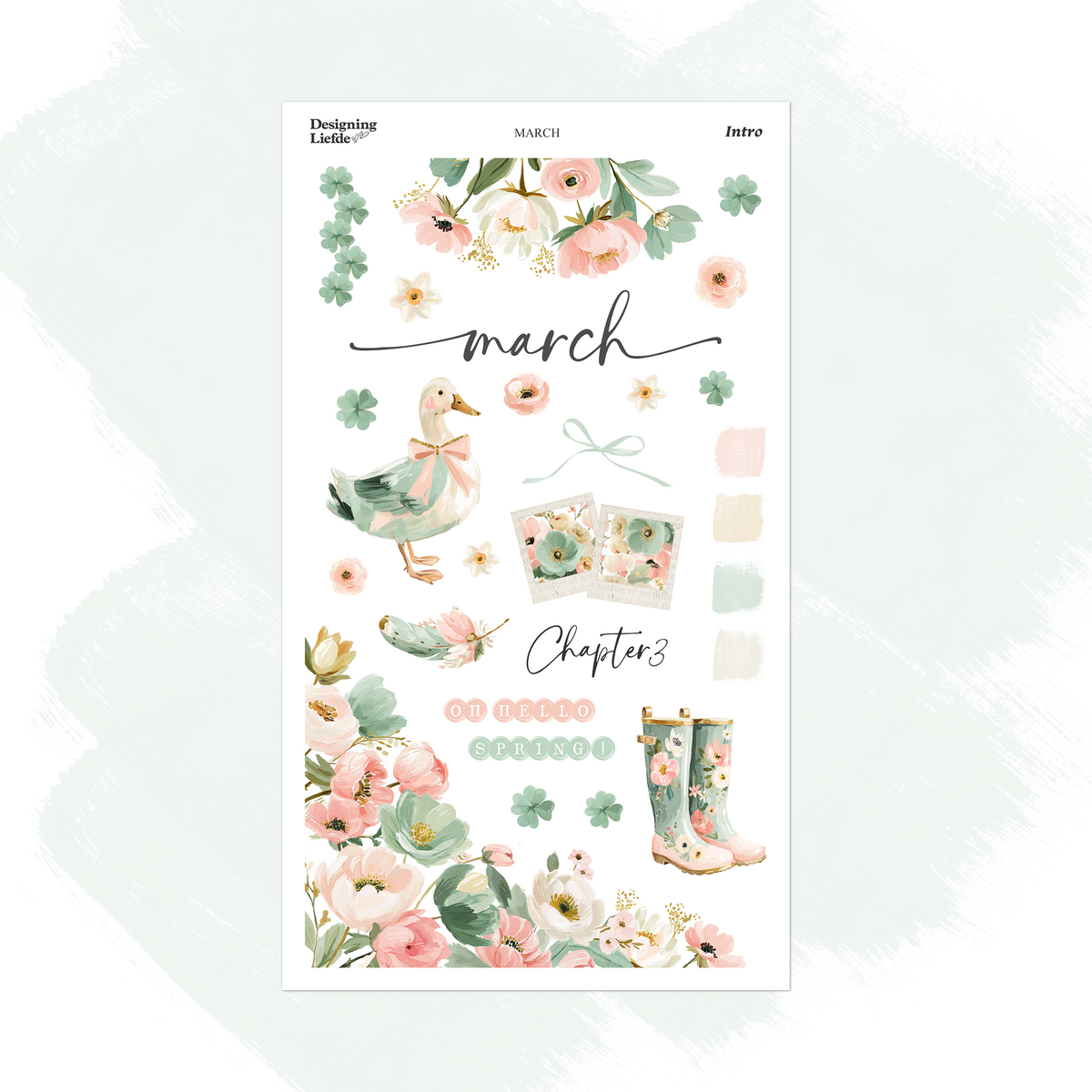 March Monthly Intro Sticker Kit with pastel florals, green clovers, a ribboned goose and floral rain boots