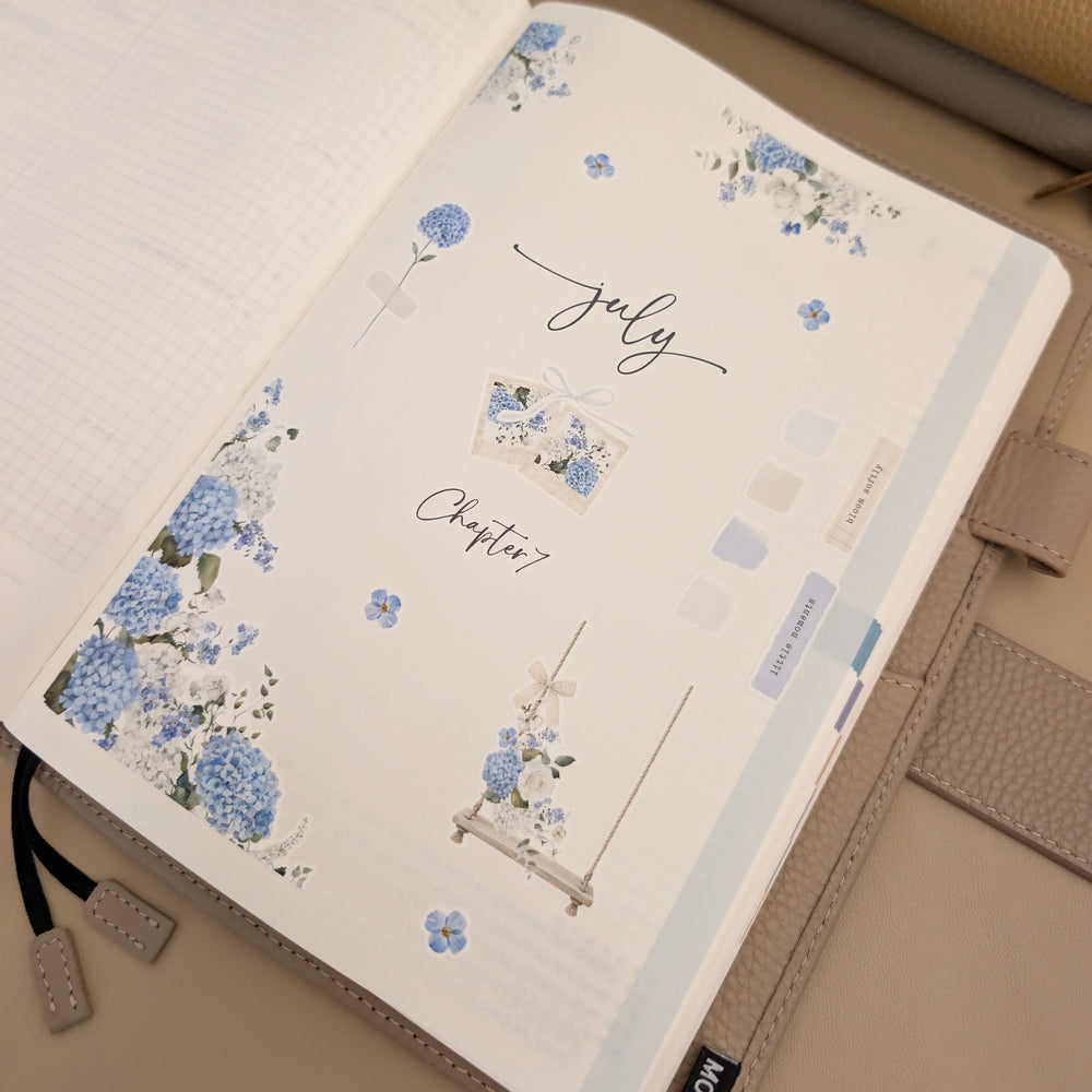 July Monthly Intro Sticker Kit with blue and white hydrangeas installed on a planner opening page