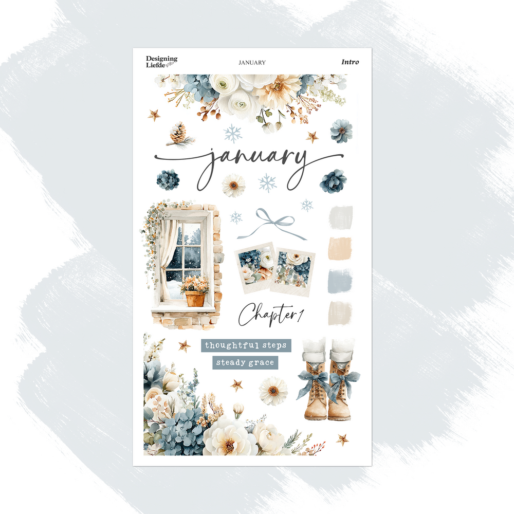 January Monthly Intro Sticker Kit with blue and cream winter florals, snowflakes, a snowy window and ribboned boots