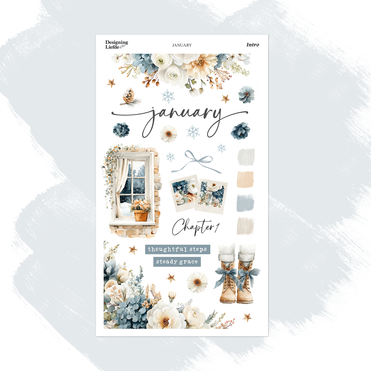 January Monthly Intro Sticker Kit with blue and cream winter florals, snowflakes, a snowy window and ribboned boots