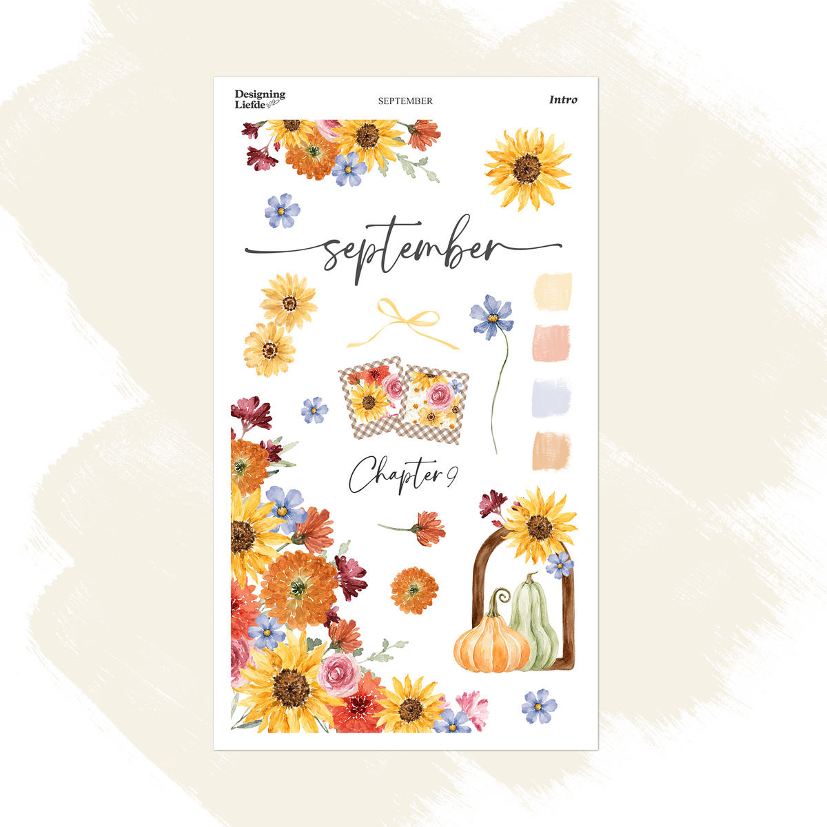September Monthly Intro Sticker Kit with sunflowers, orange and burgundy florals, blue flowers and framed pumpkins