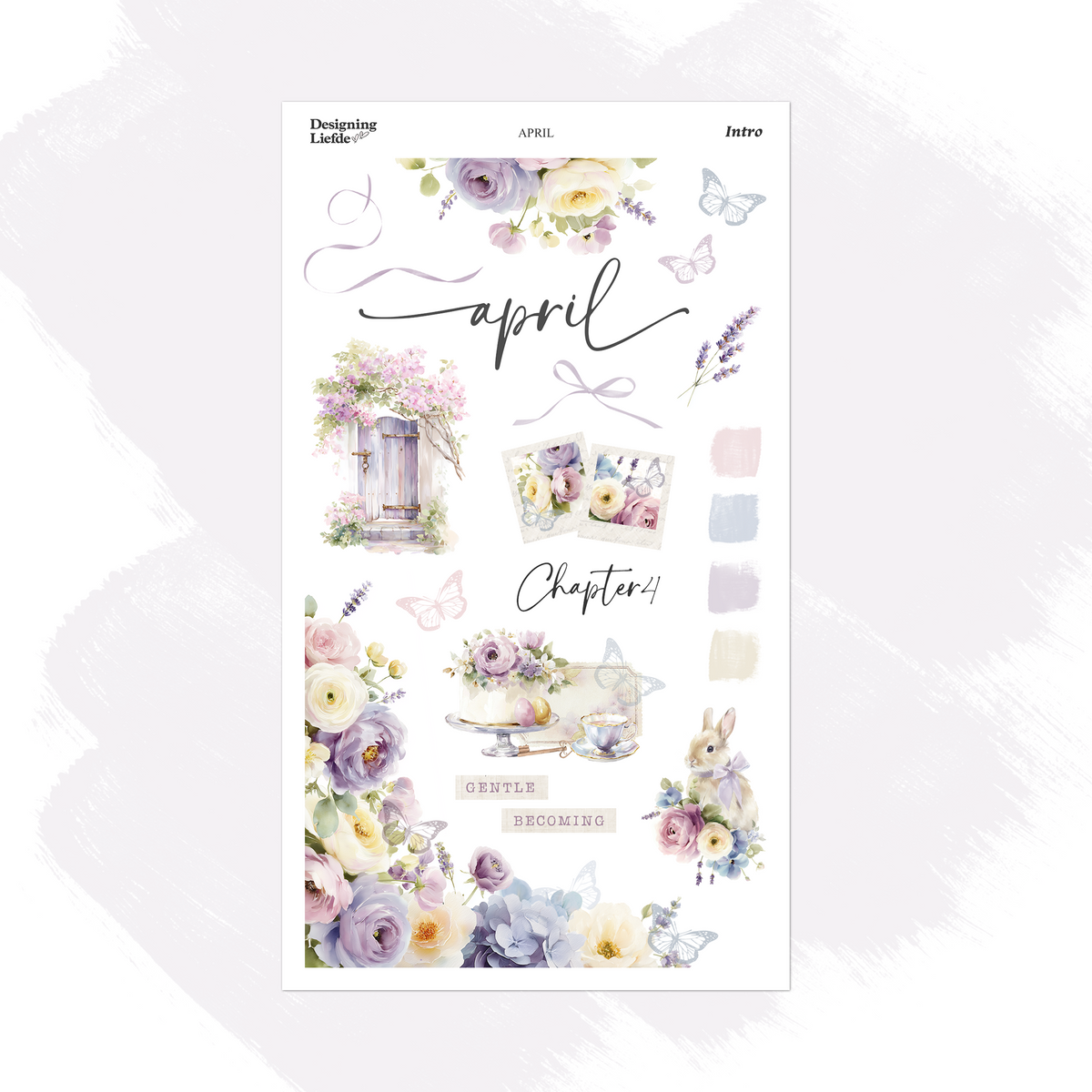 April Monthly Intro Sticker Kit with lilac and cream florals, butterflies, a garden door, bunny and tea setting
