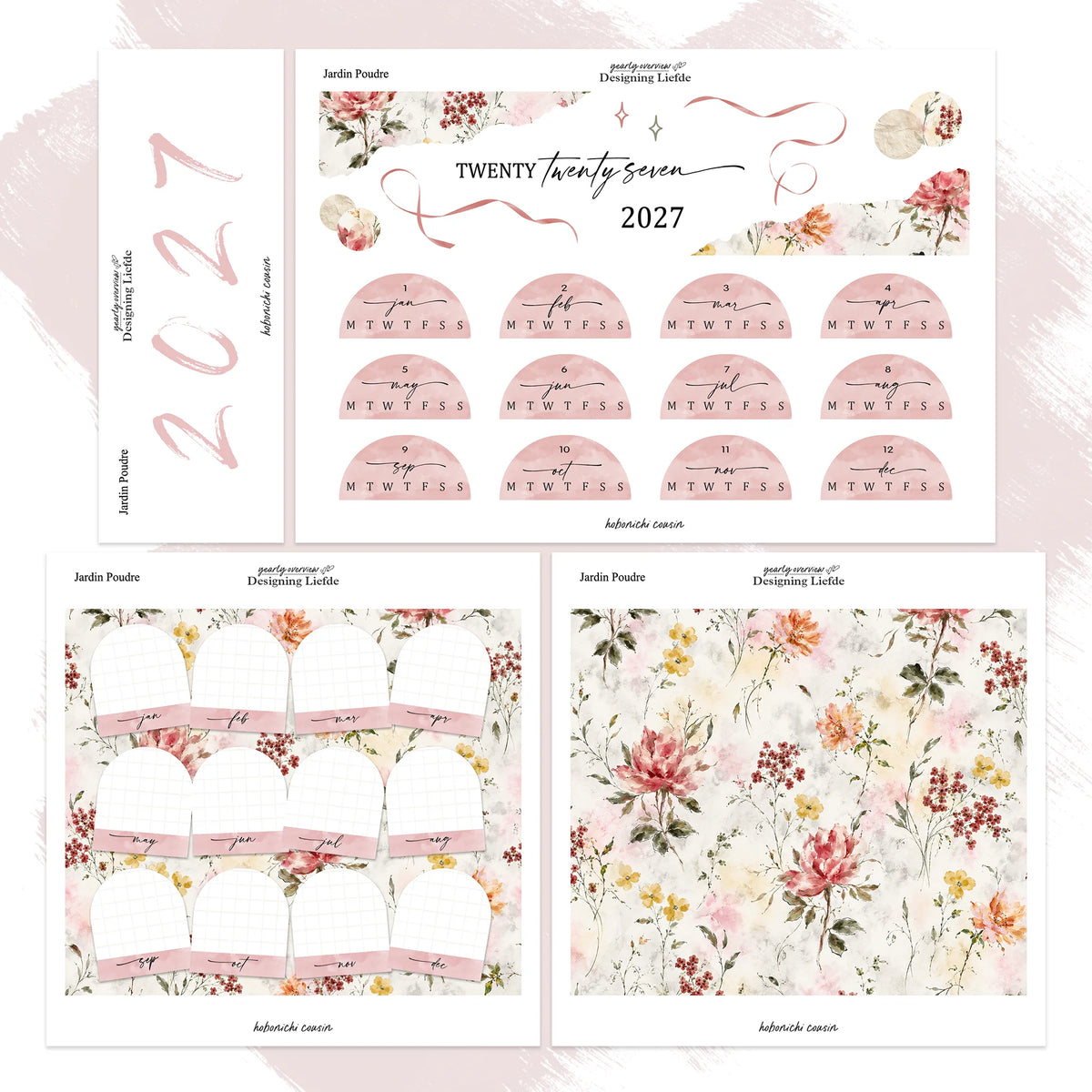 Jardin Poudré 2027 Hobonichi Cousin four-sheet kit shown as a complete separated set