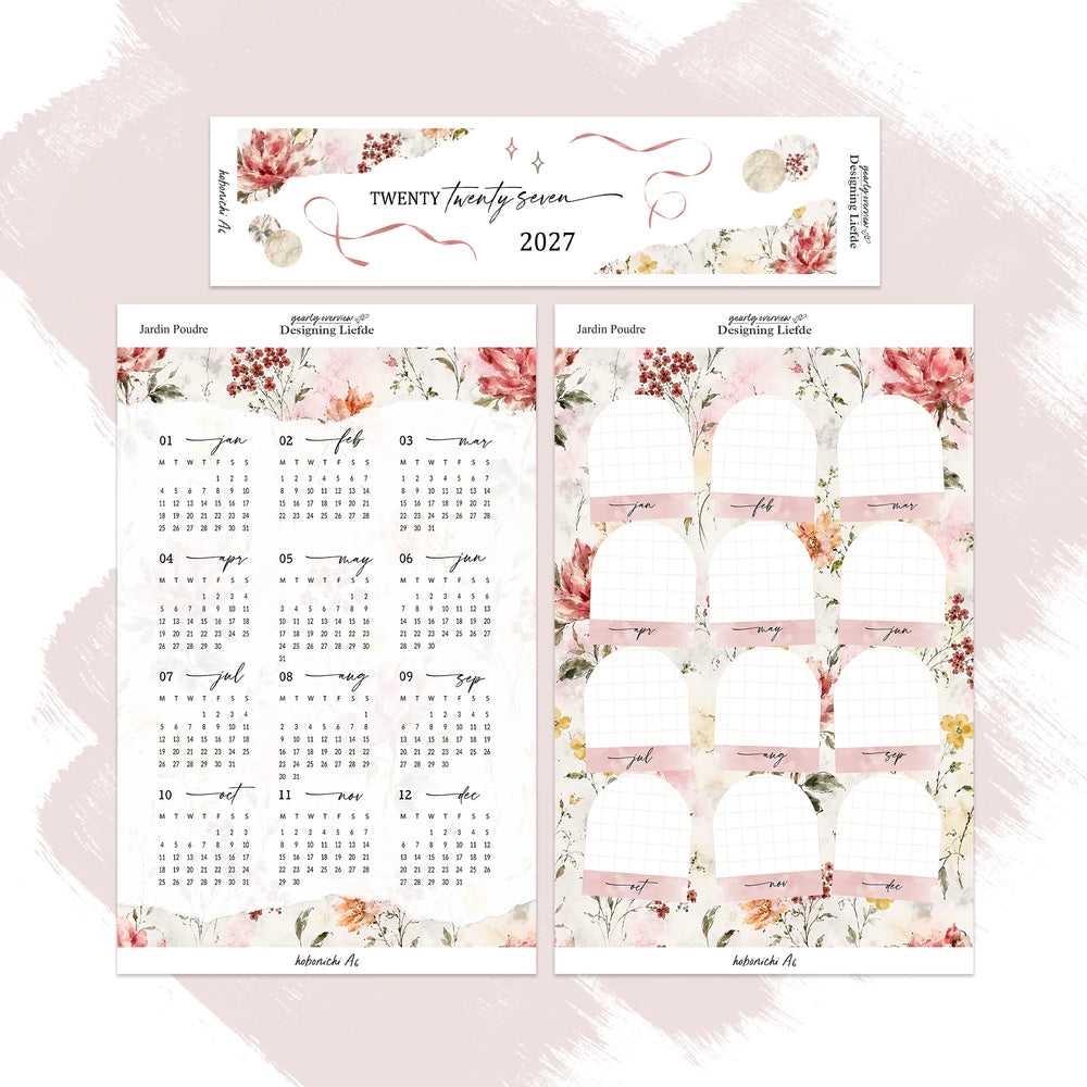 Jardin Poudré 2027 Hobonichi Techo A6 complete three-sheet sticker kit shown separated