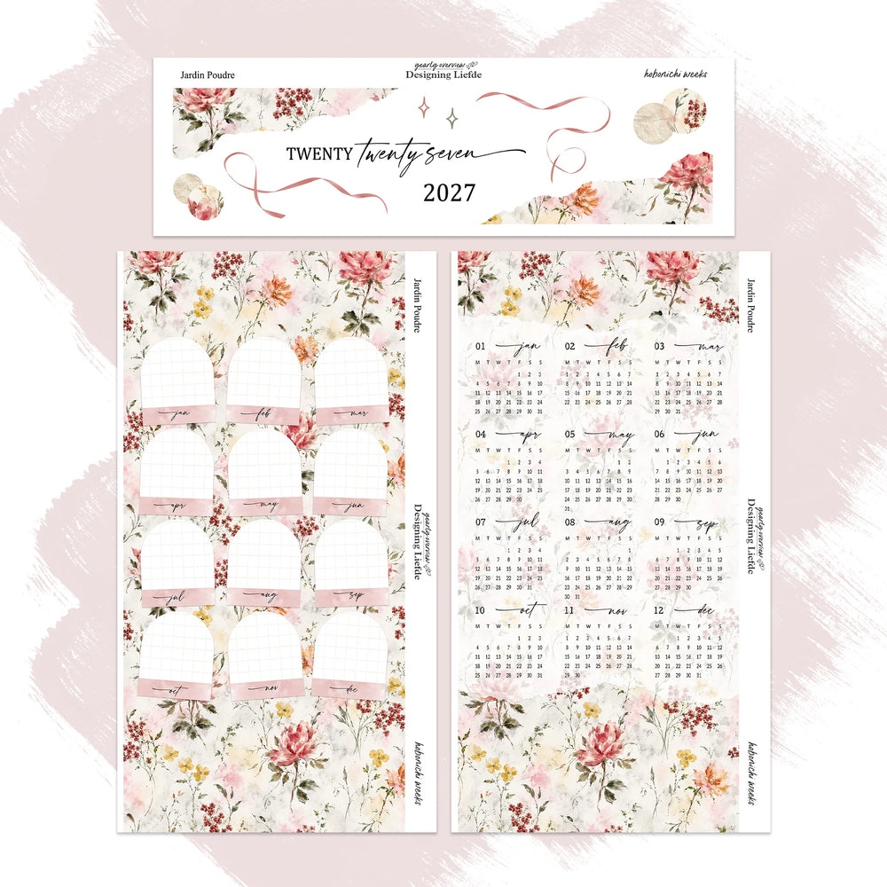 Jardin Poudré 2027 Hobonichi Weeks 3-sheet kit in an overlapping view