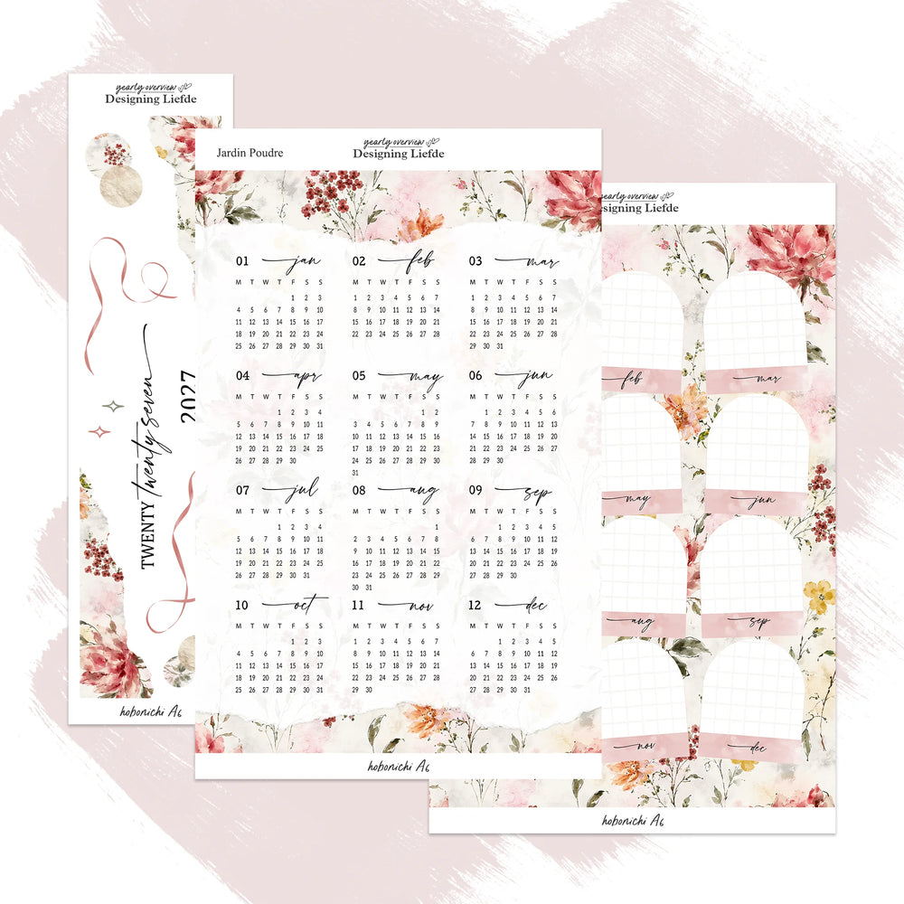Jardin Poudré 2027 Hobonichi Techo A6 three-sheet sticker kit in an overlapping view