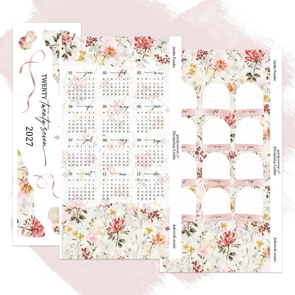 Jardin Poudré 2027 Hobonichi Weeks 3-sheet kit shown as a complete separated set