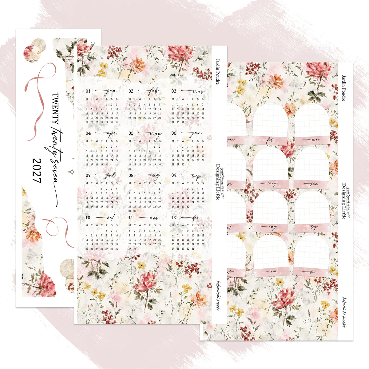 Jardin Poudré 2027 Hobonichi Weeks 3-sheet kit shown as a complete separated set