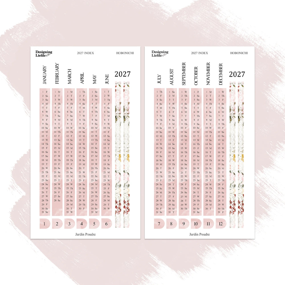 Two-sheet Jardin Poudré 2027 Yearly Index sticker kit for Hobonichi Cousin in powder pink florals