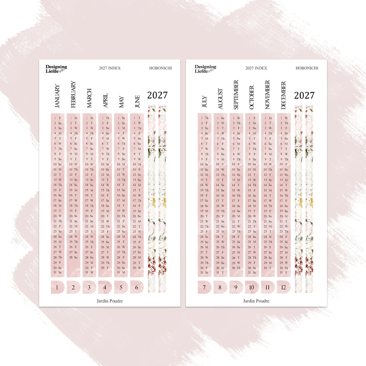 Two-sheet Jardin Poudré 2027 Yearly Index sticker kit for Hobonichi Cousin in powder pink florals