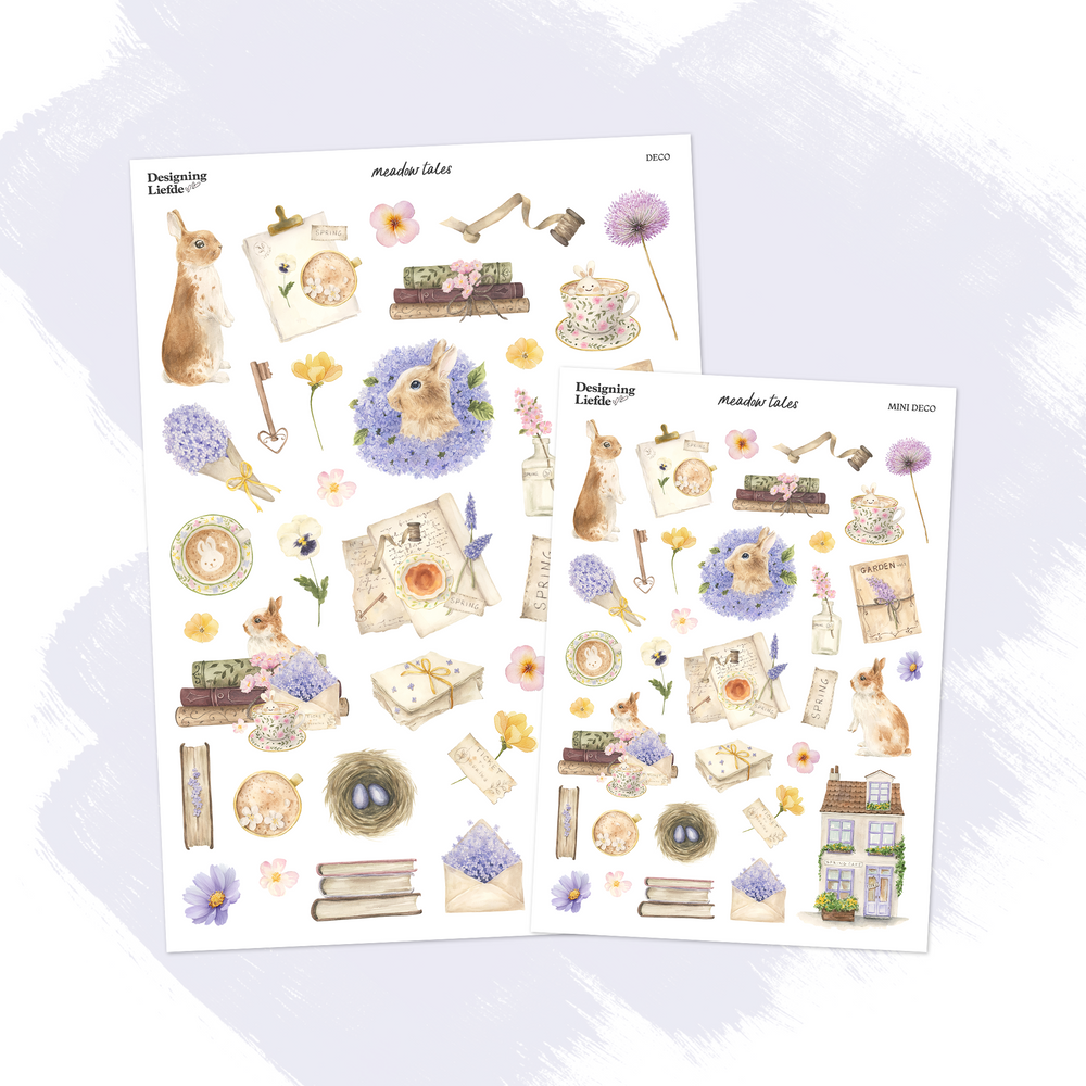 Meadow Tales decorative sticker sheets in A5 Deco and Mini Deco sizes with rabbits, hydrangeas and spring motifs