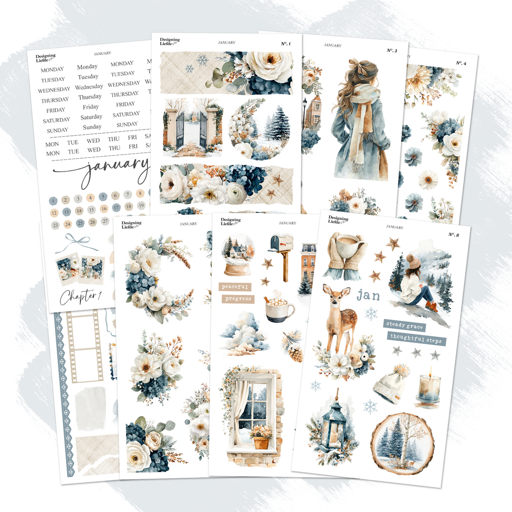 January Monthly Decorative Sticker Collection with eight wintry planner and journaling sticker sheets