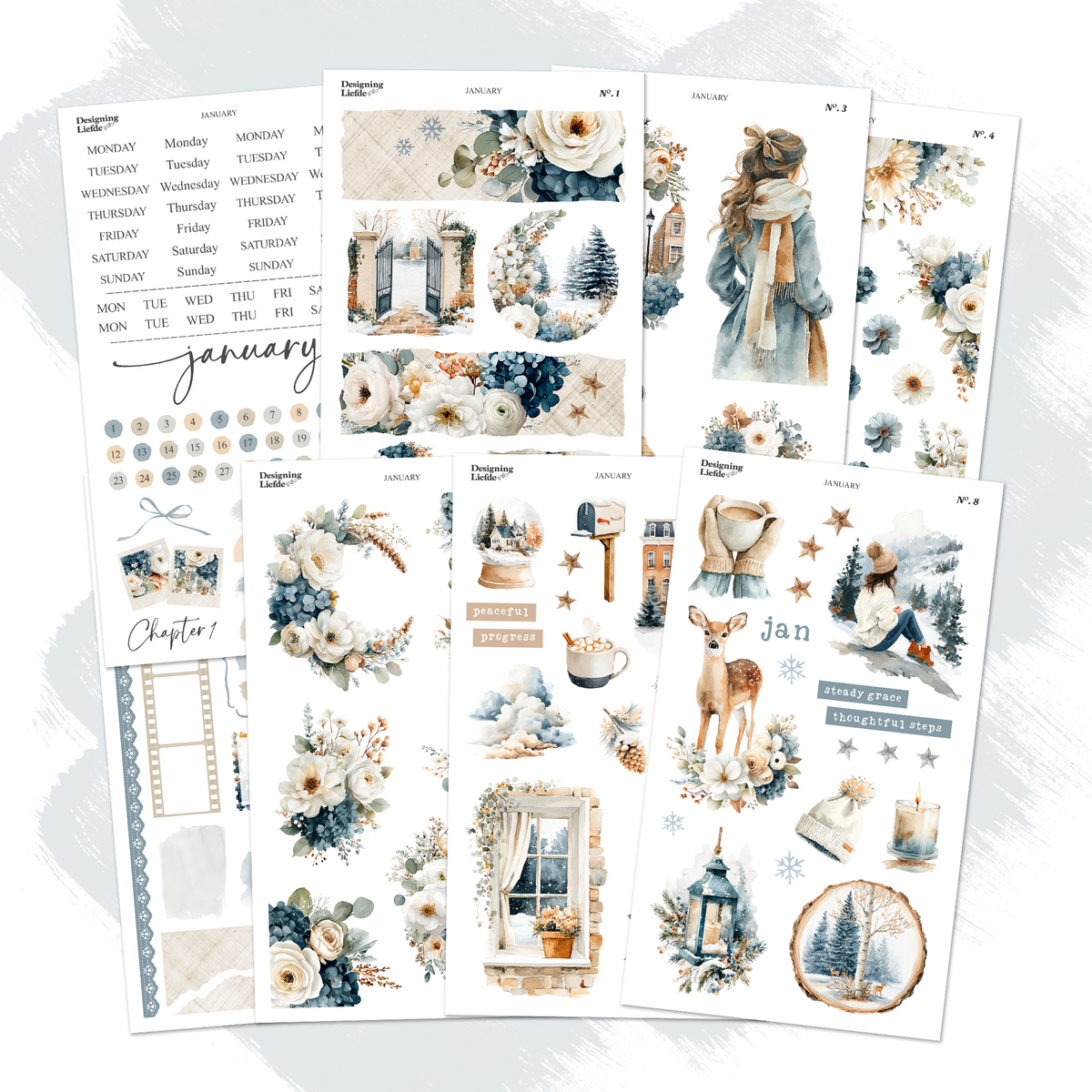 January Monthly Decorative Sticker Collection with eight wintry planner and journaling sticker sheets
