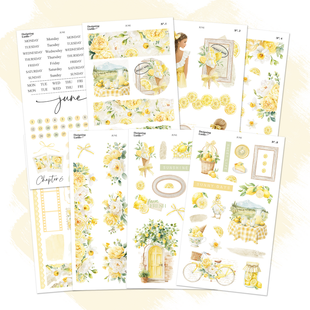 June Monthly Decorative Sticker Collection with eight lemon-themed planner and journaling sticker sheets
