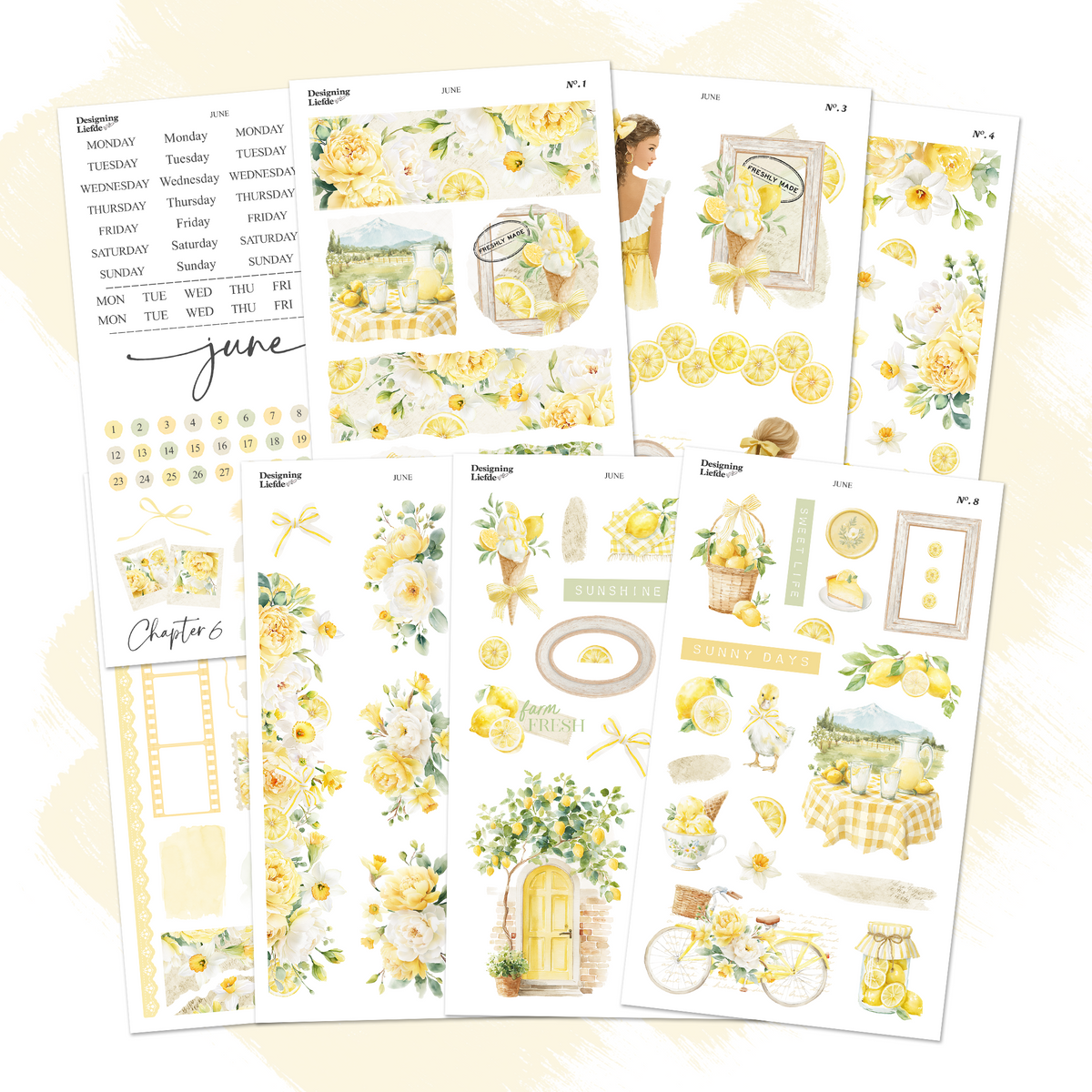June Monthly Decorative Sticker Collection with eight lemon-themed planner and journaling sticker sheets