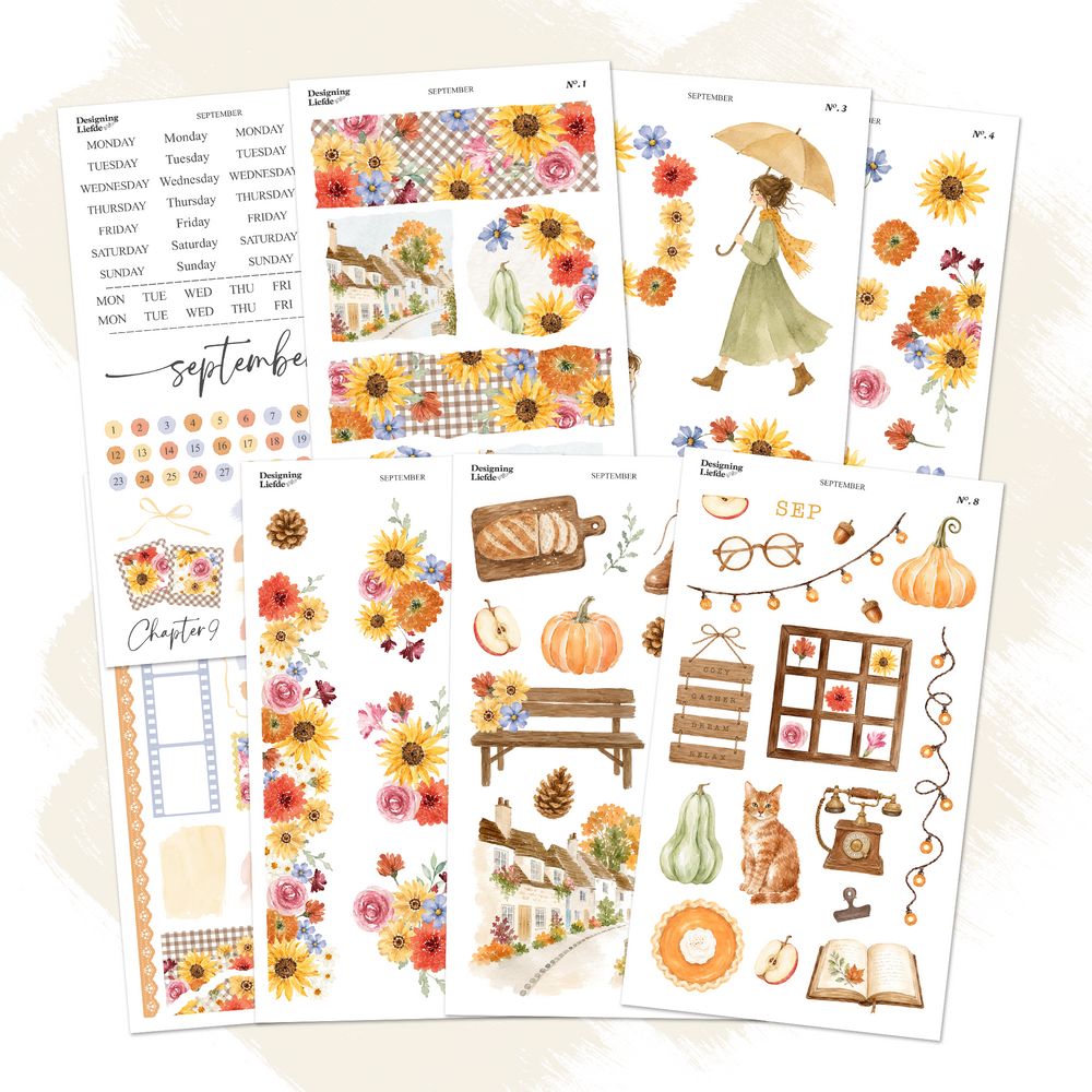 September Monthly Decorative Sticker Collection with eight early-autumn planner and journaling sticker sheets