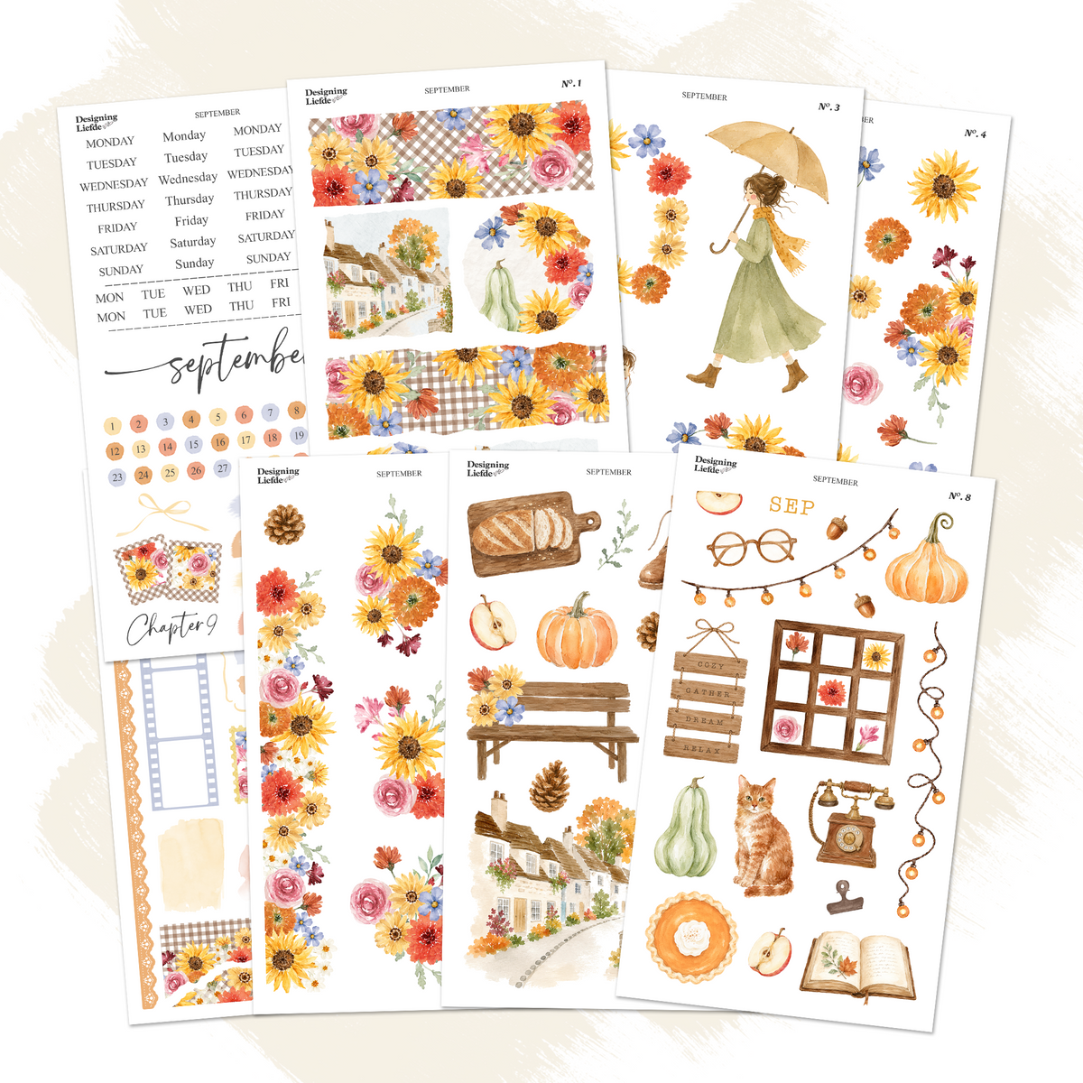 September Monthly Decorative Sticker Collection with eight early-autumn planner and journaling sticker sheets