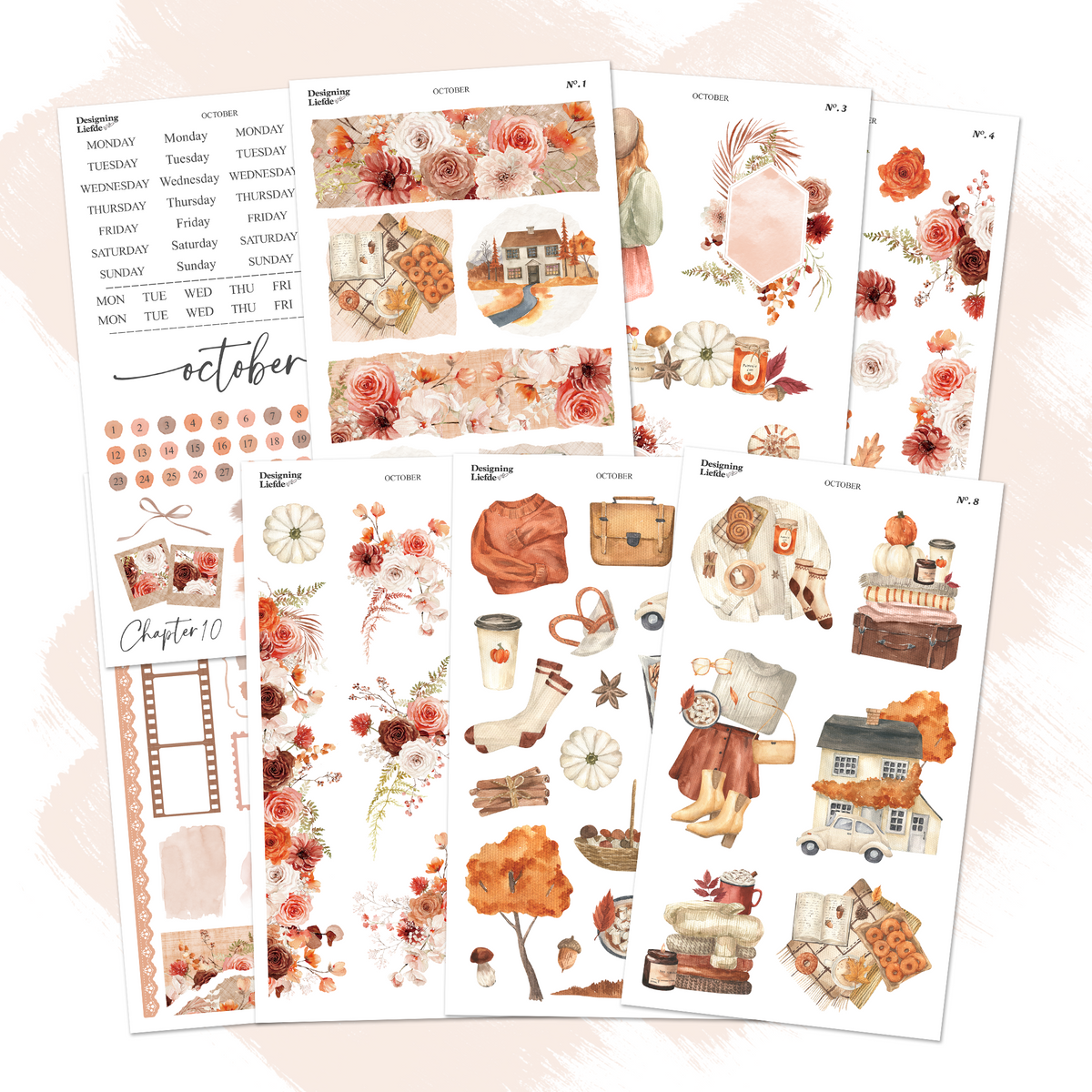 October Monthly Decorative Sticker Collection with eight cozy autumn planner and journaling sticker sheets