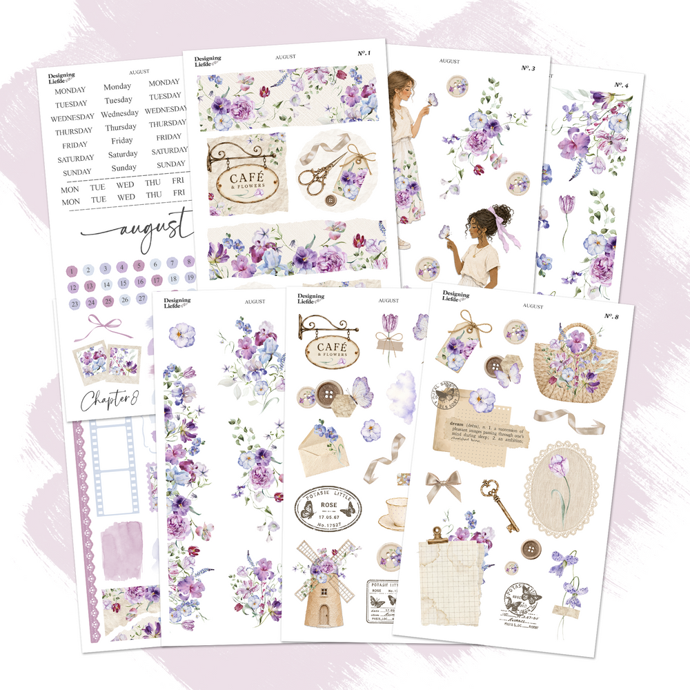 August Monthly Decorative Sticker Collection with eight purple floral planner and journaling sticker sheets