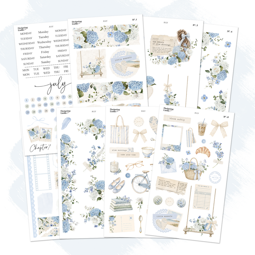 July Monthly Decorative Sticker Collection with eight blue hydrangea planner and journaling sticker sheets