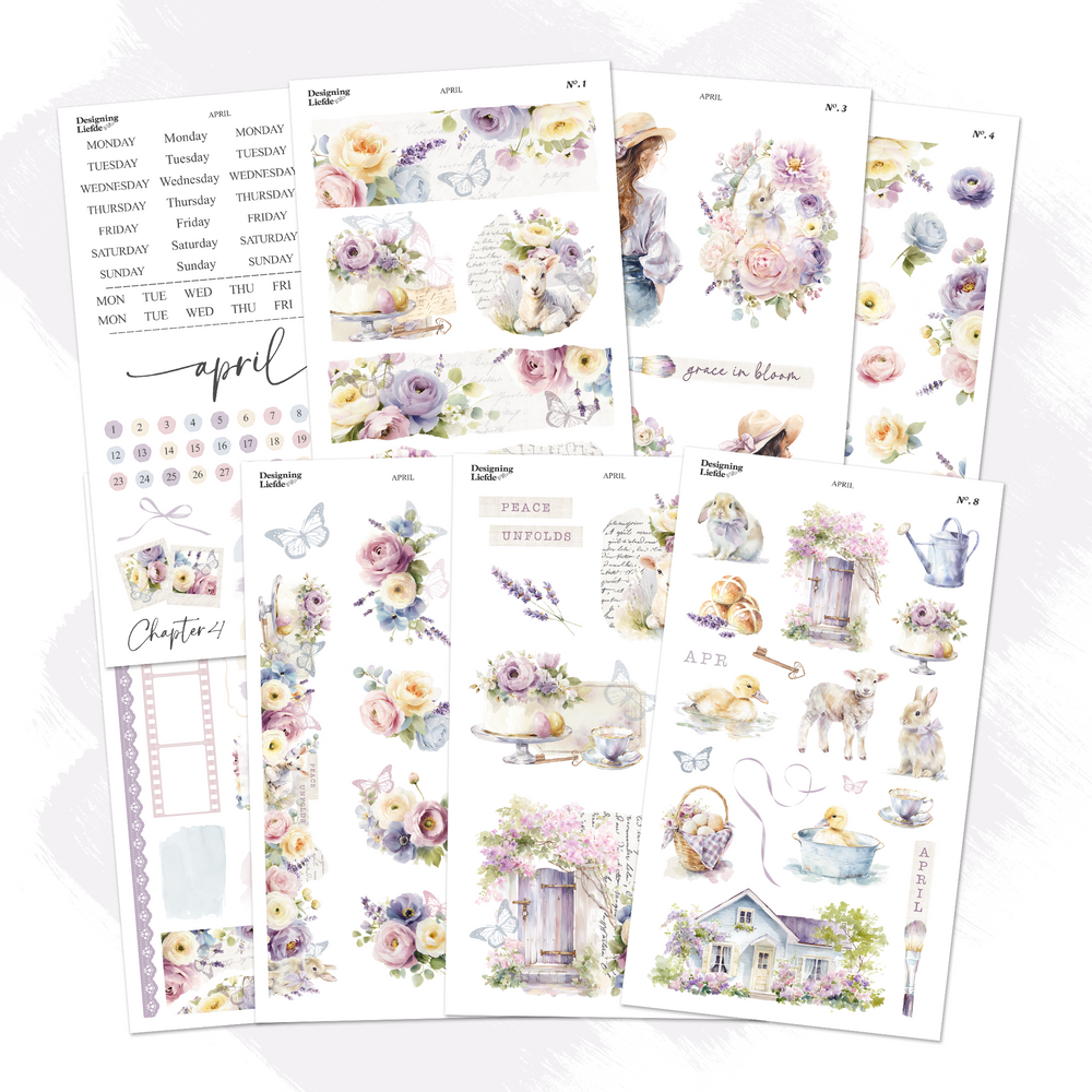 April Monthly Decorative Sticker Collection with eight floral spring planner and journaling sticker sheets