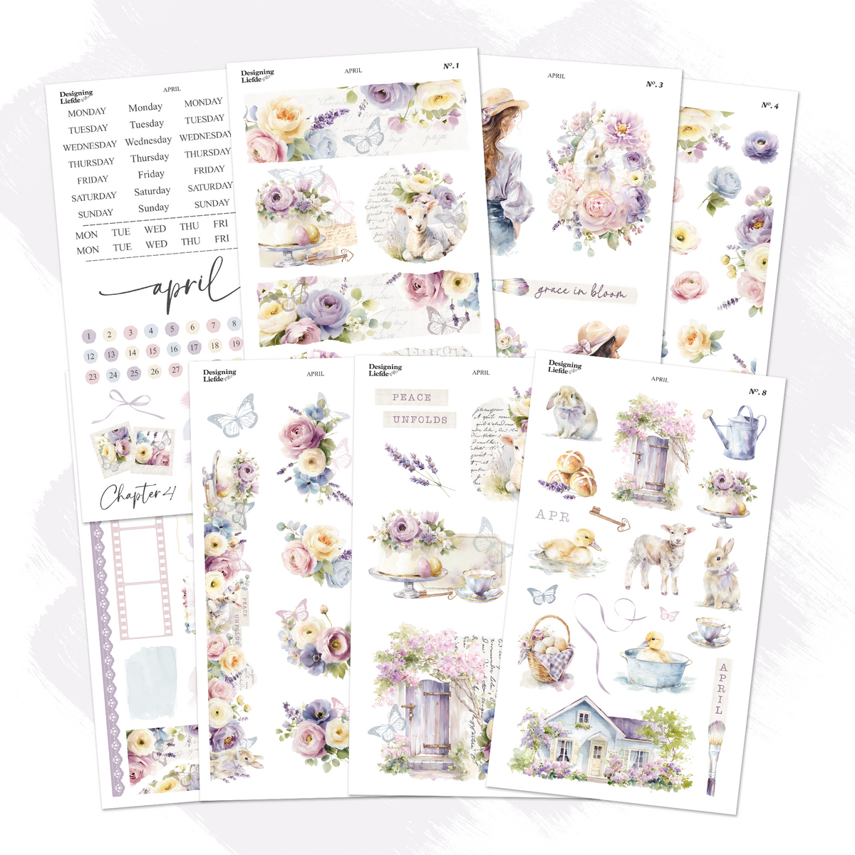 April Monthly Decorative Sticker Collection with eight floral spring planner and journaling sticker sheets