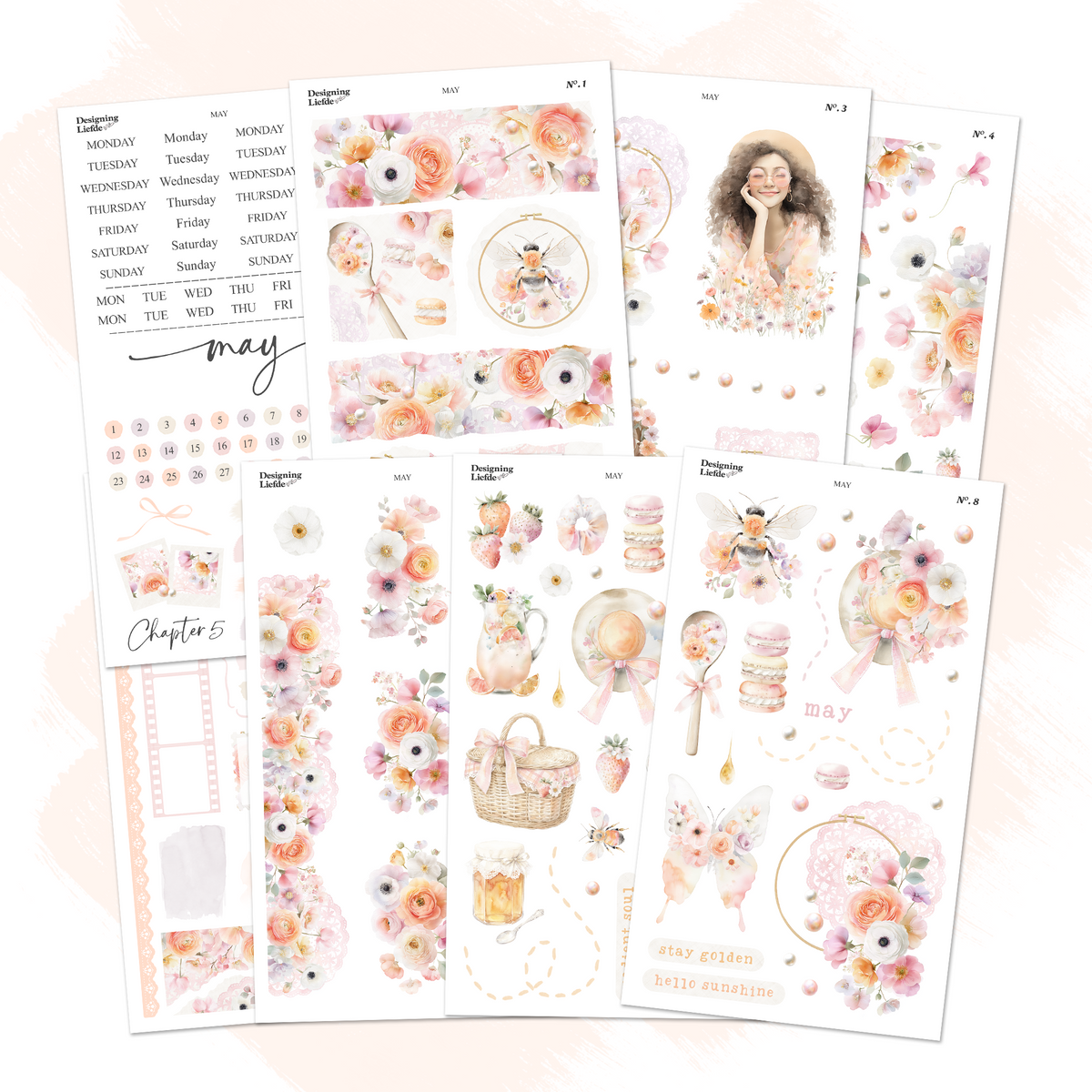 May Monthly Decorative Sticker Collection with eight sunny floral planner and journaling sticker sheets