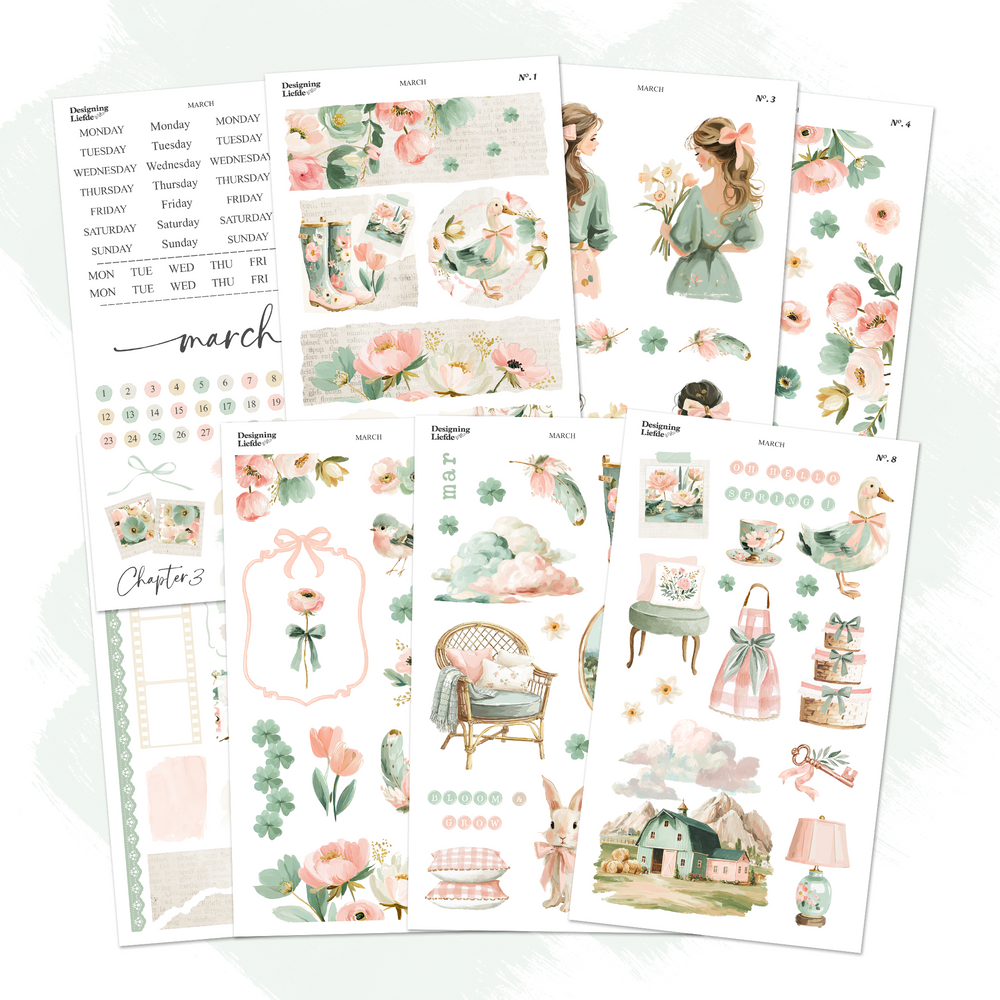 March Monthly Decorative Sticker Collection with eight fresh spring planner and journaling sticker sheets