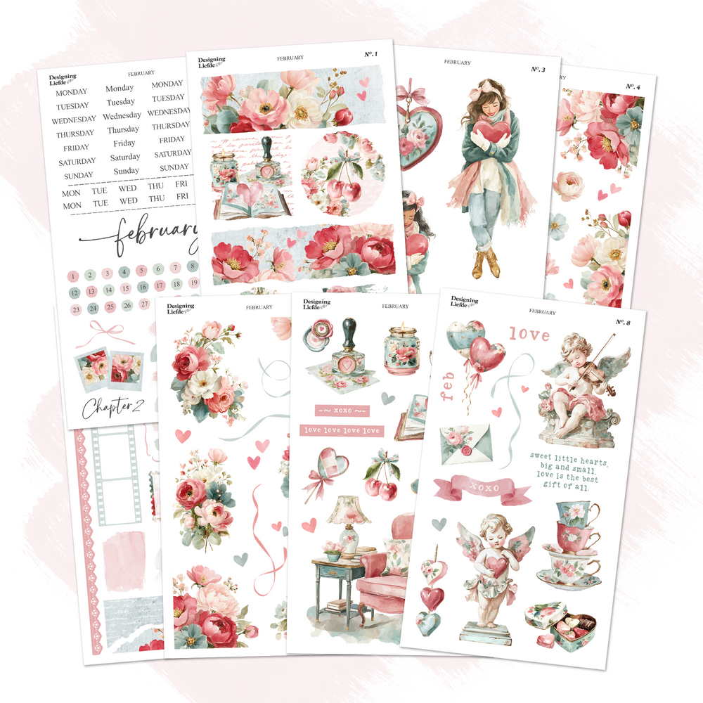 February Monthly Decorative Sticker Collection with eight romantic planner and journaling sticker sheets